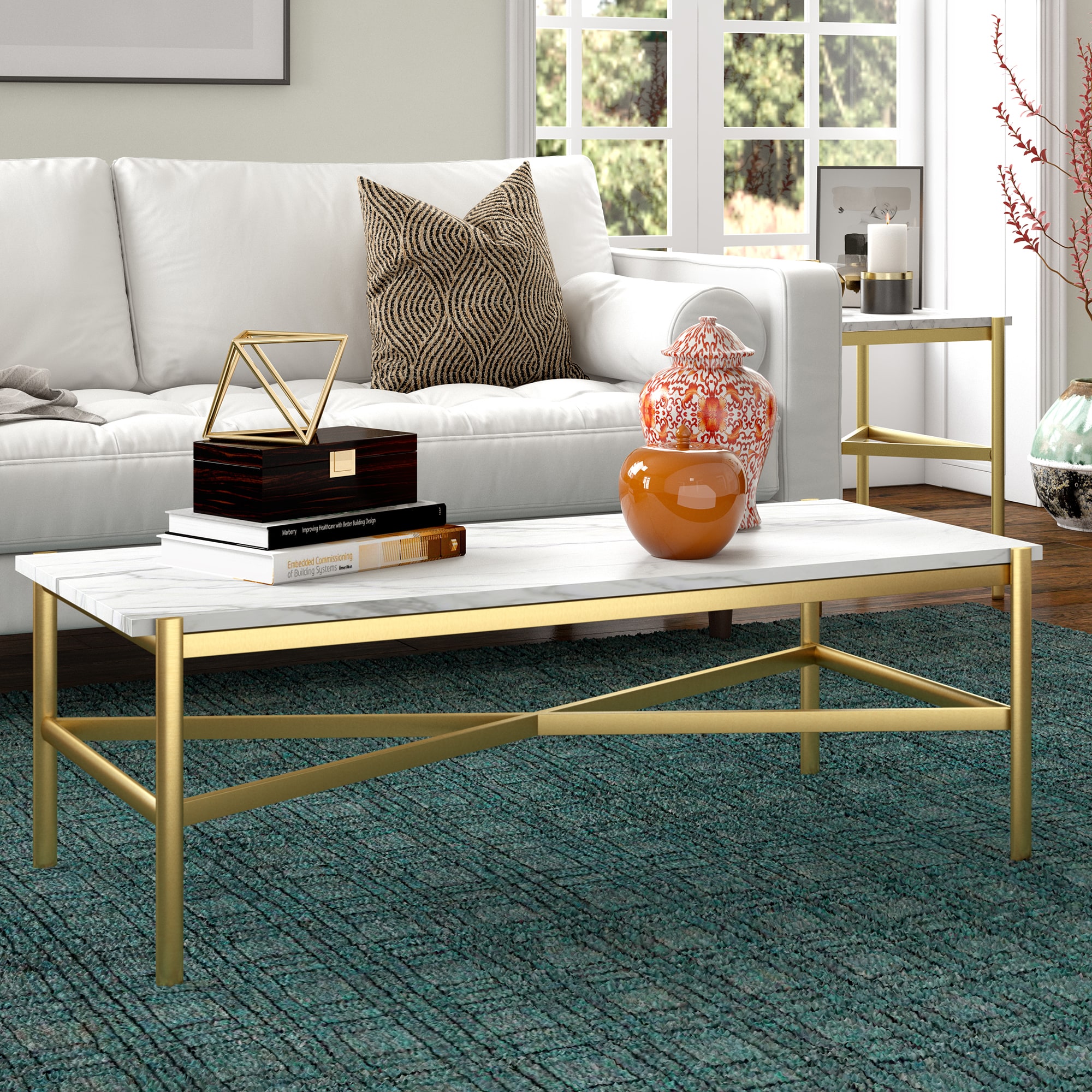 Braxton Gold Rectangular Coffee Table with Faux Marble Top