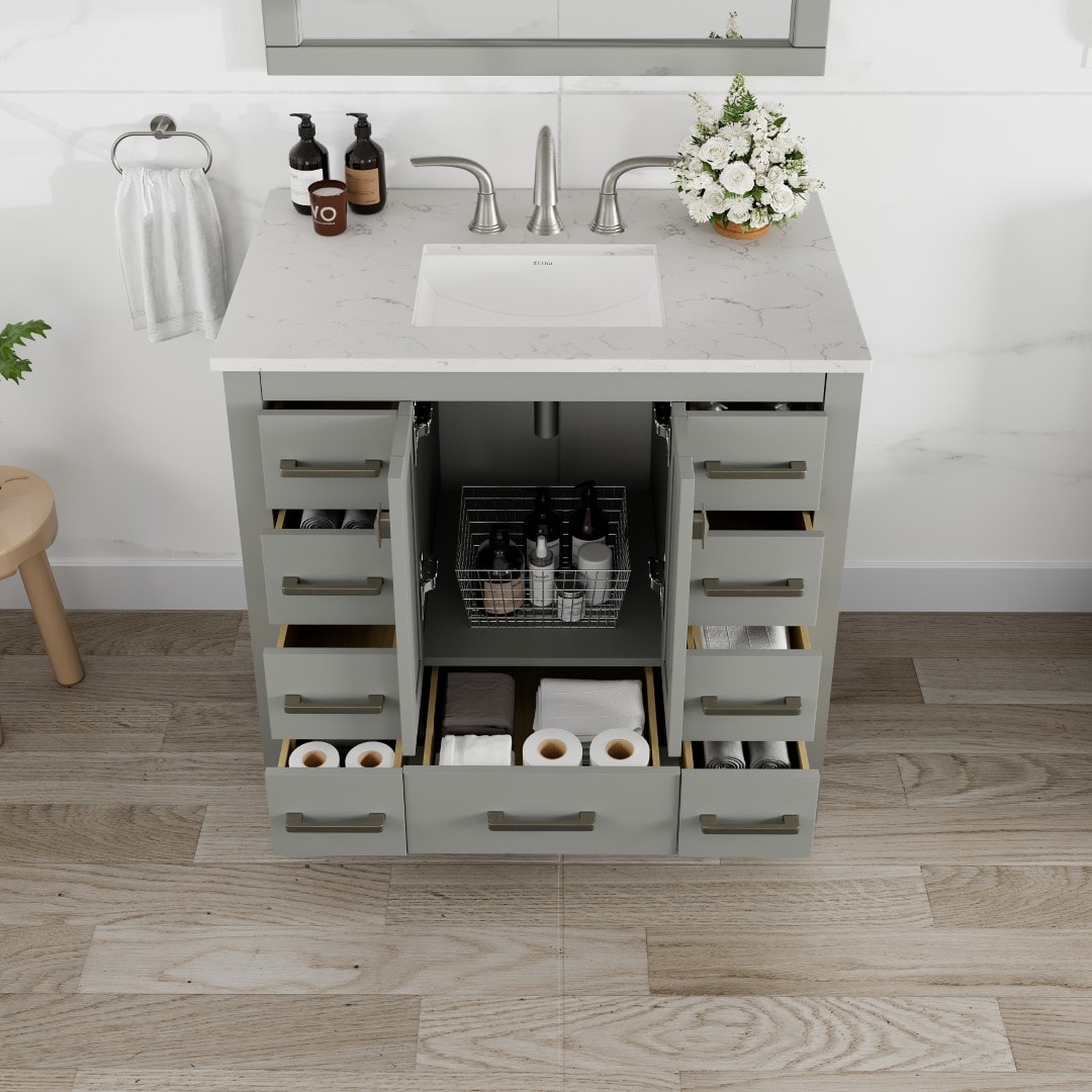 Eviva Hampton 36" Gray Transitional Freestanding Bathroom Vanity with White Carrara Marble Top
