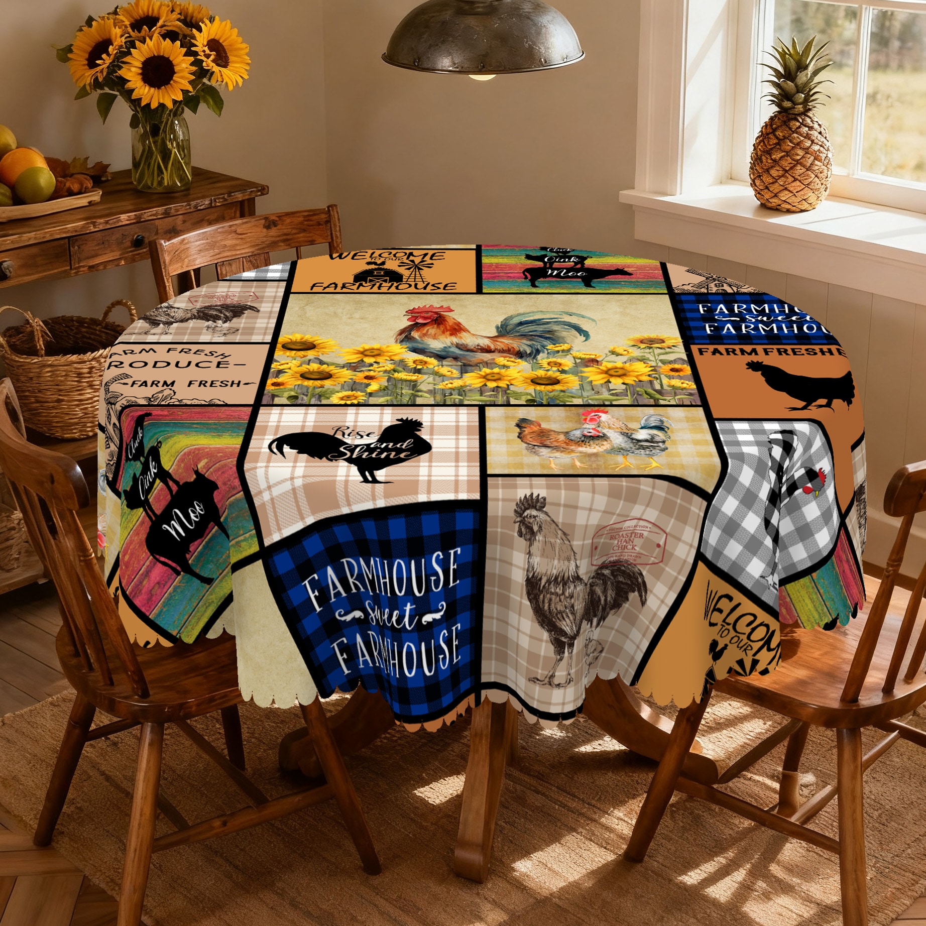 WISH TREE Vintage Rooster Tablecloth 60 Inch Round Animals Table Covers Farmhouse Table Clothes for Dining Room Party Home Decor