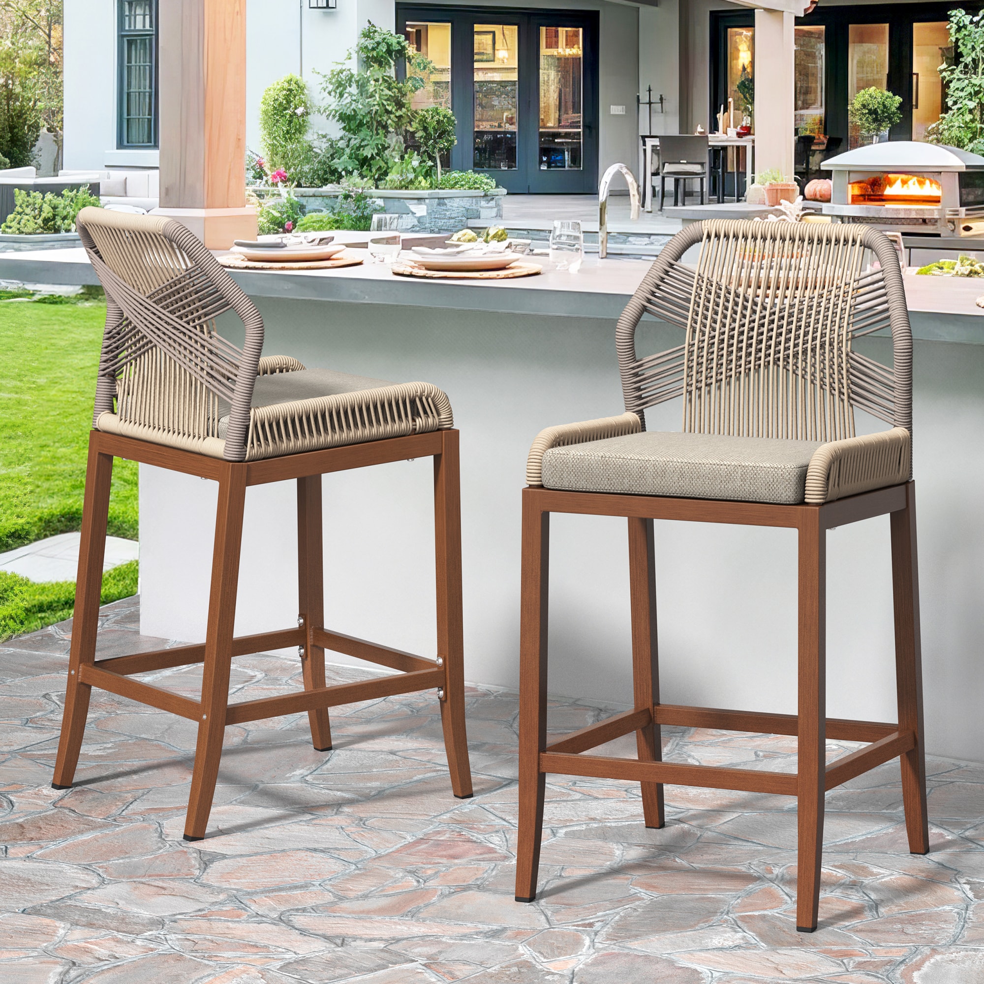 Yurevna JY-038-02LS Aluminum Patio Bar Set of 2 Wicker Teak Aluminum Frame Stationary Bar Stool Chair with Brown Cushioned Seat