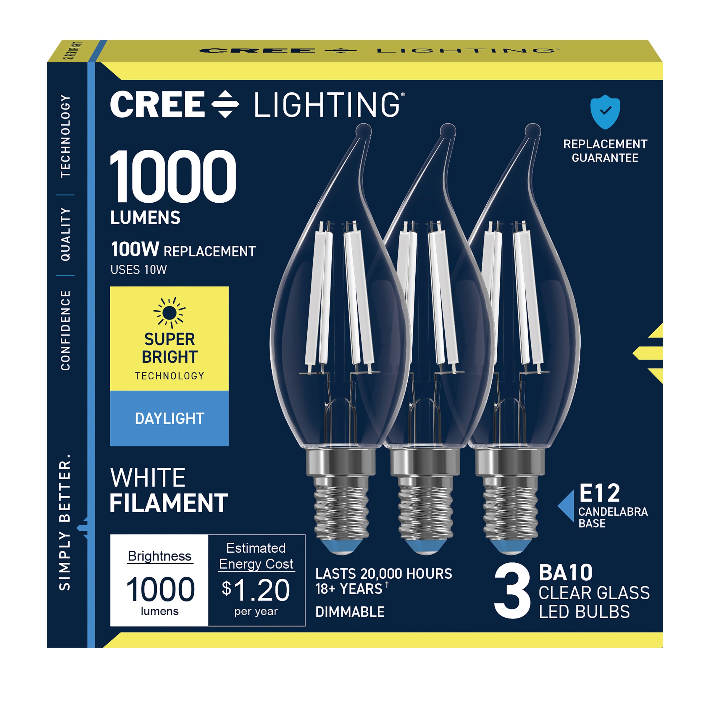Cree Lighting White Filament 100 -Watt EQ B10 Daylight Candelabra screw base E12 Dimmable LED General purpose Light Bulb 3 -Pack