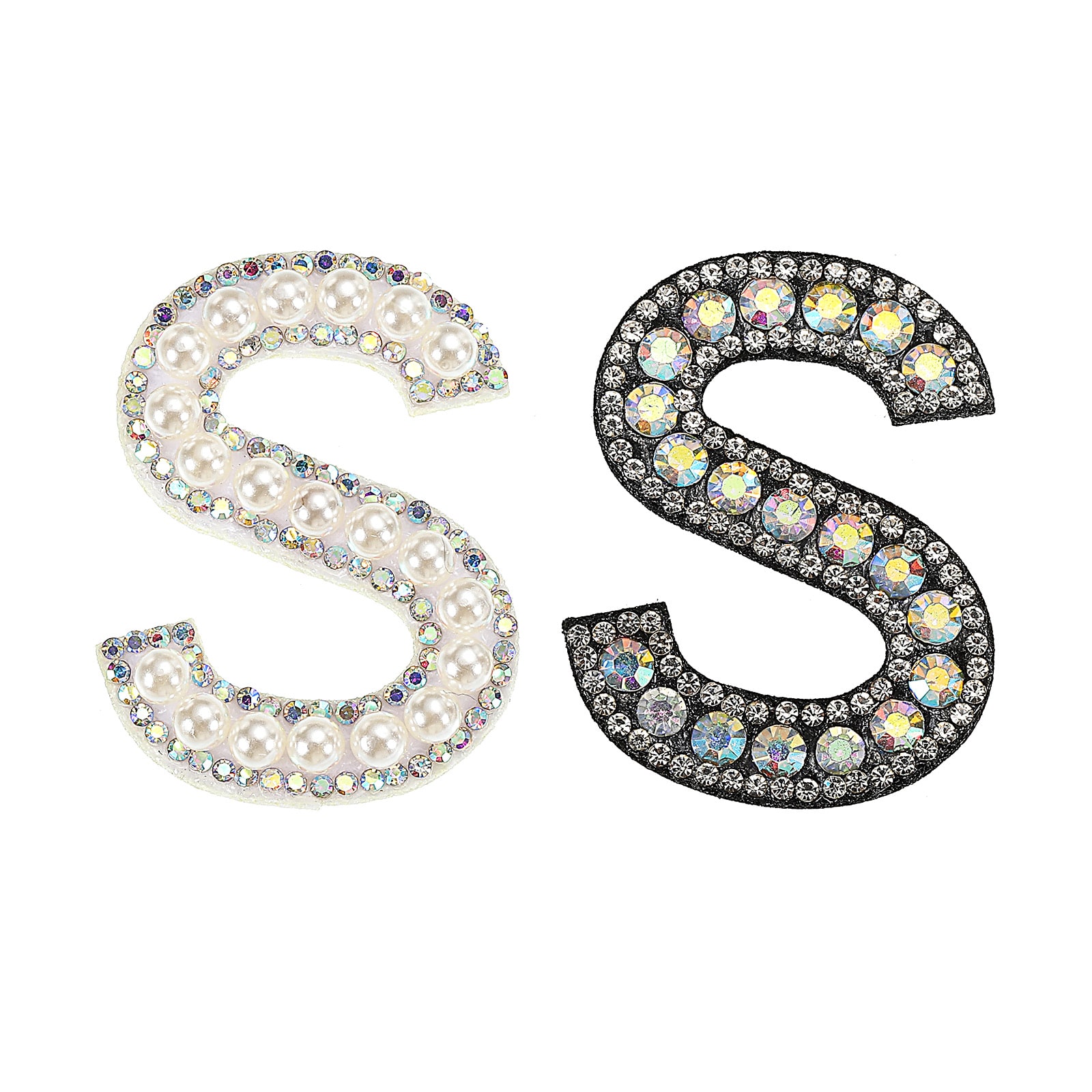 Unique Bargains Iron on Decorative Letter S Black White Patch Glitter Alphabet Applique Rhinestone Pearl English Letter for DIY Clothes Repair Hats Bags 2pcs