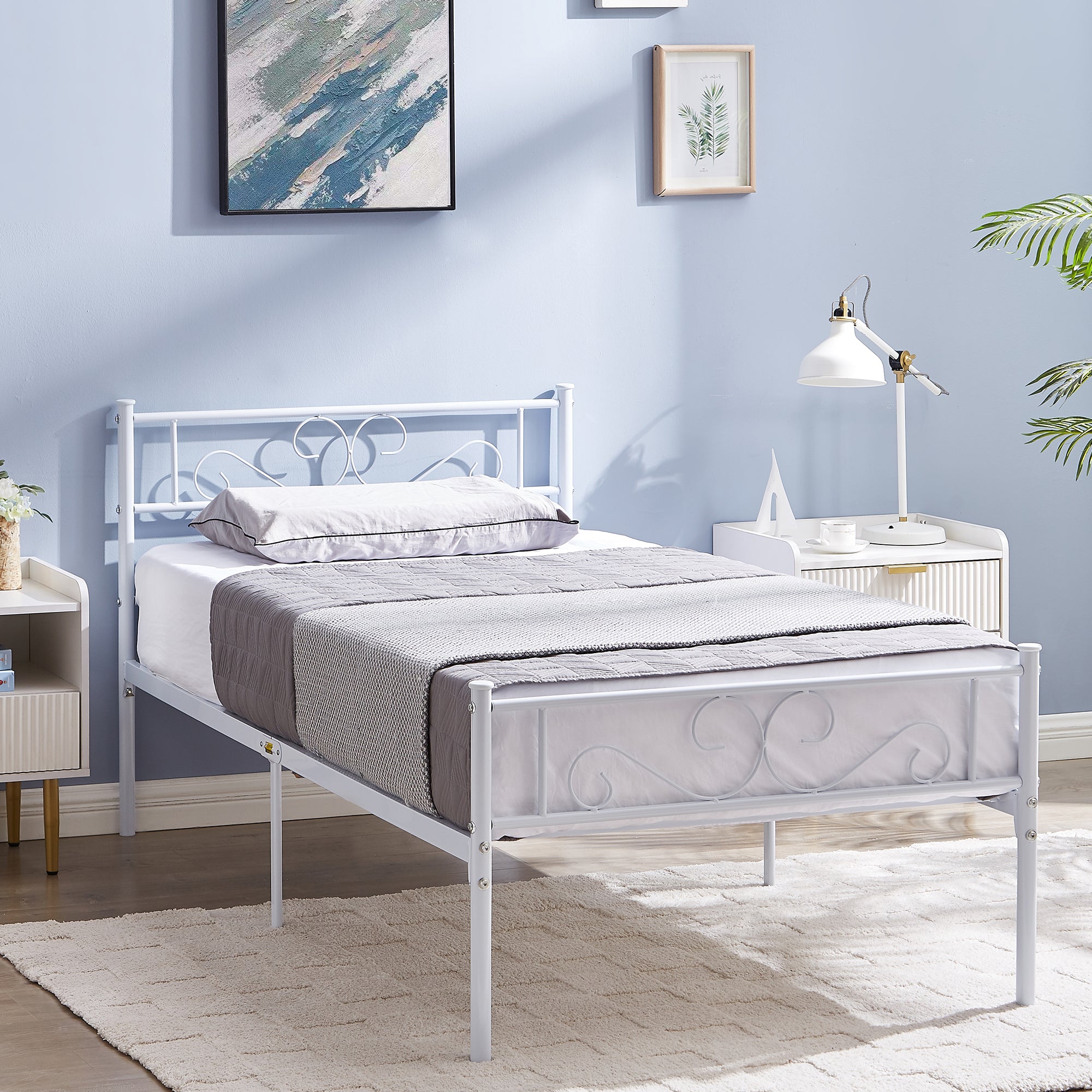 Vecelo LOE-YT-T10-WHE White Bed Frame Twin Size Metal Slat Platform Bed with Headboard Footboard