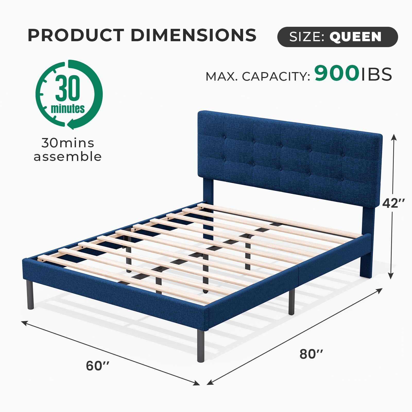 VOUA Bed Frame with Headboard Navy Queen Wood and metal Bed frame Bed