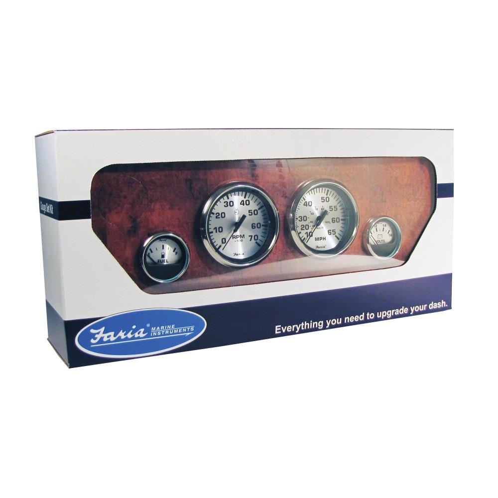 Faria Beede KTF0182 Spun Silver Outboard 4-Gauge Boxed Set- Speedometer/Tachometer/Fuel Level/Voltmeter
