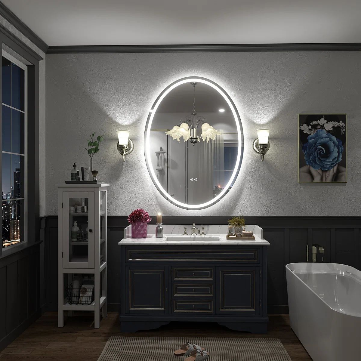 Blisstyle Set of 2 Anti-Fog Tempered Glass Dimmable Round LED Lighted Fog Free Bathroom Vanity Mirror