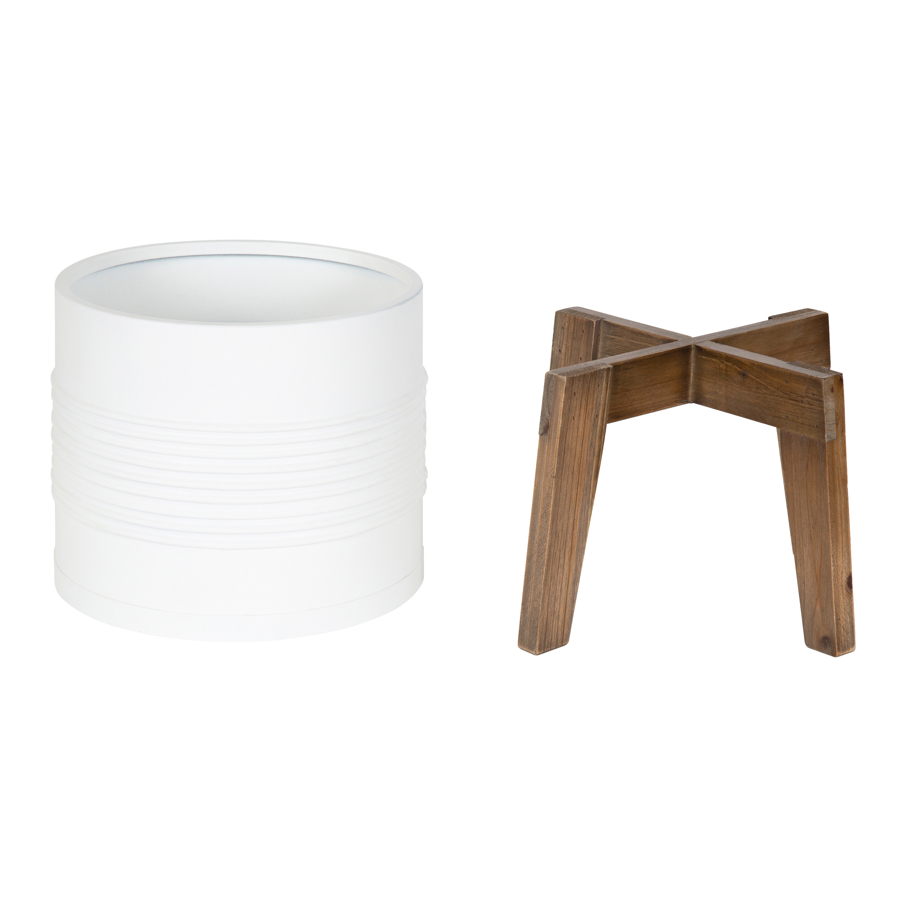 White Metal Planter with Natural Wood Stand, 11.25" Diameter