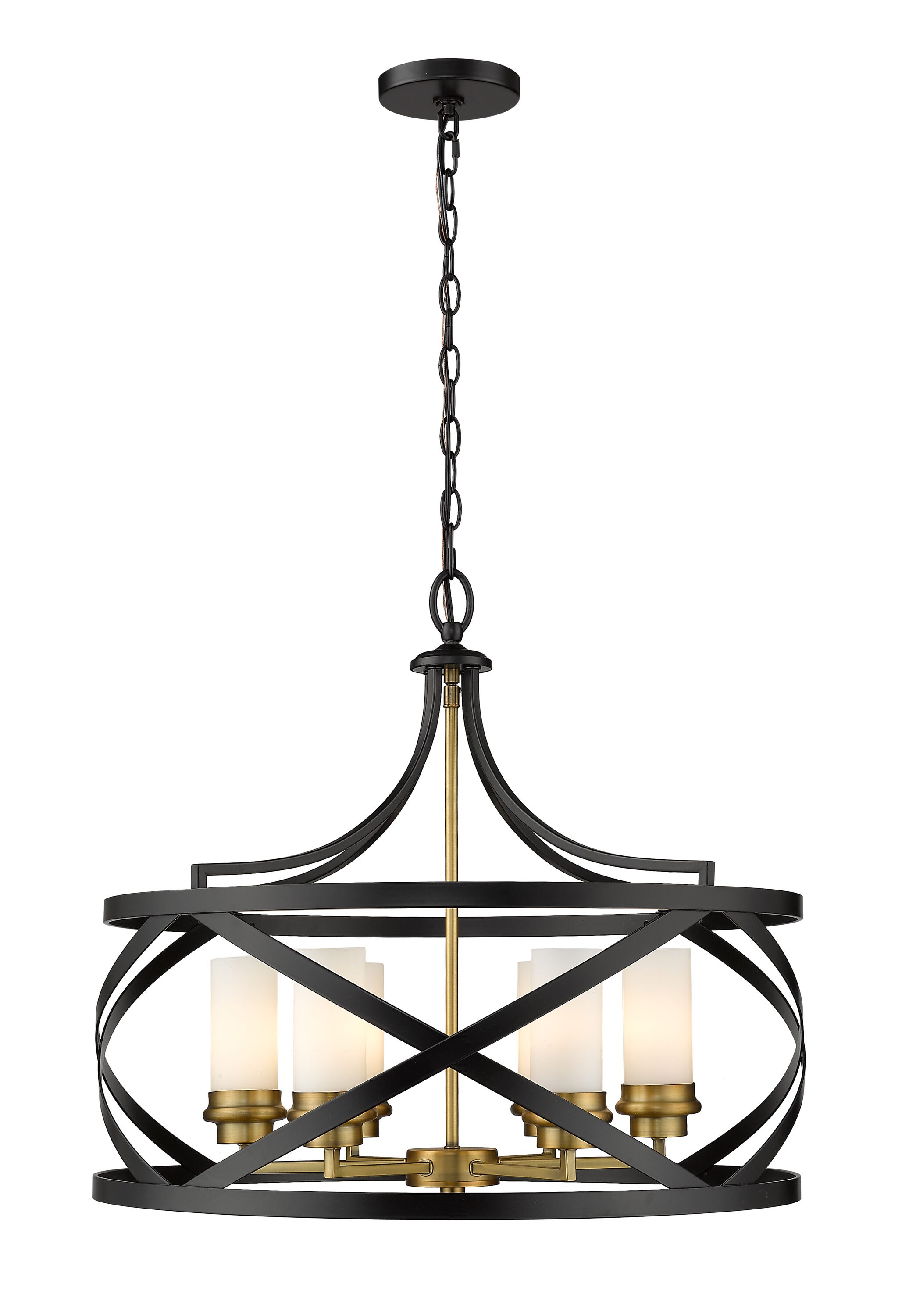 Z Lite Malcalester 6 Light Matte Black Olde Brass Transitional White Glass Drum Hanging 5846