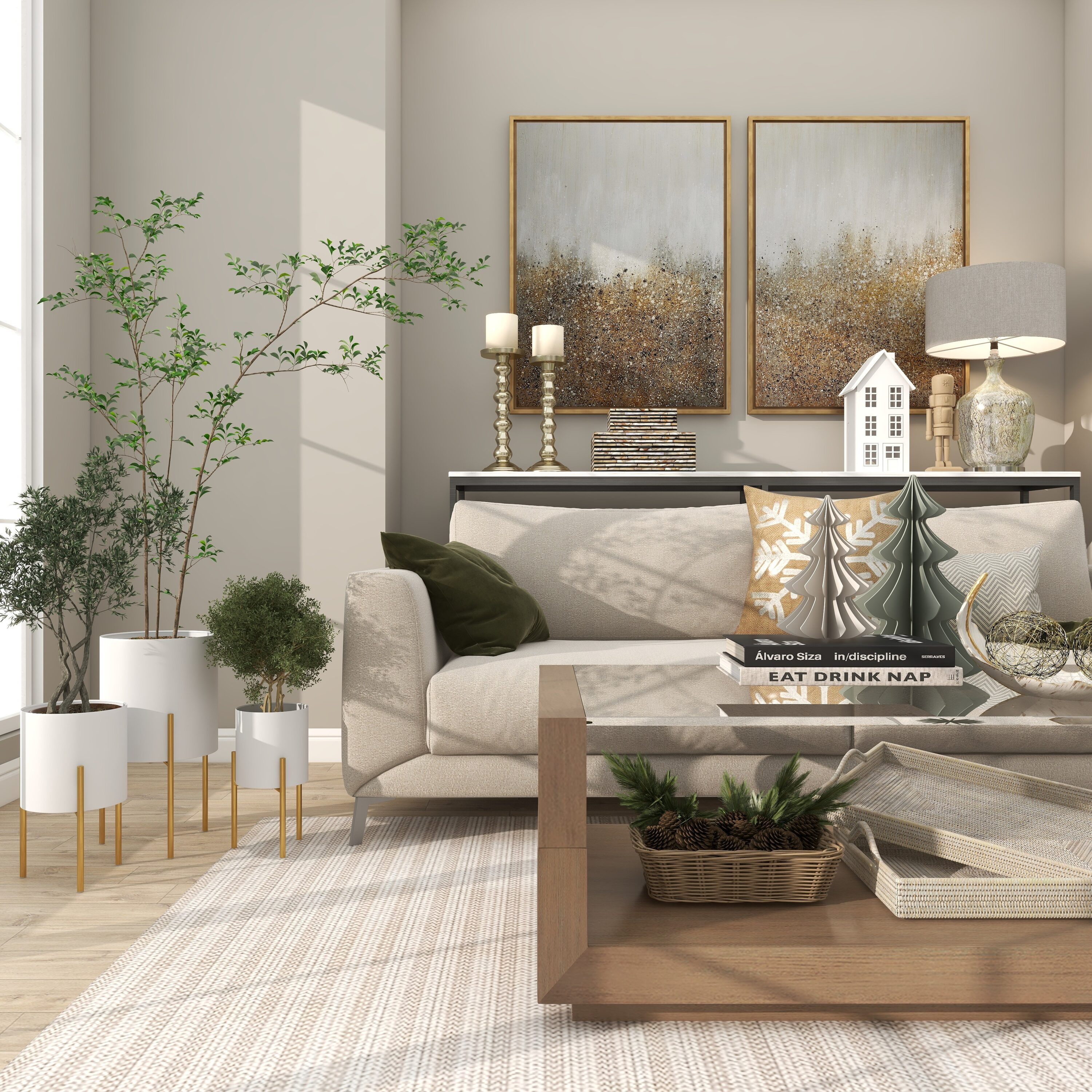 White and Gold Metal Cylinder Floor Planter Set of 3