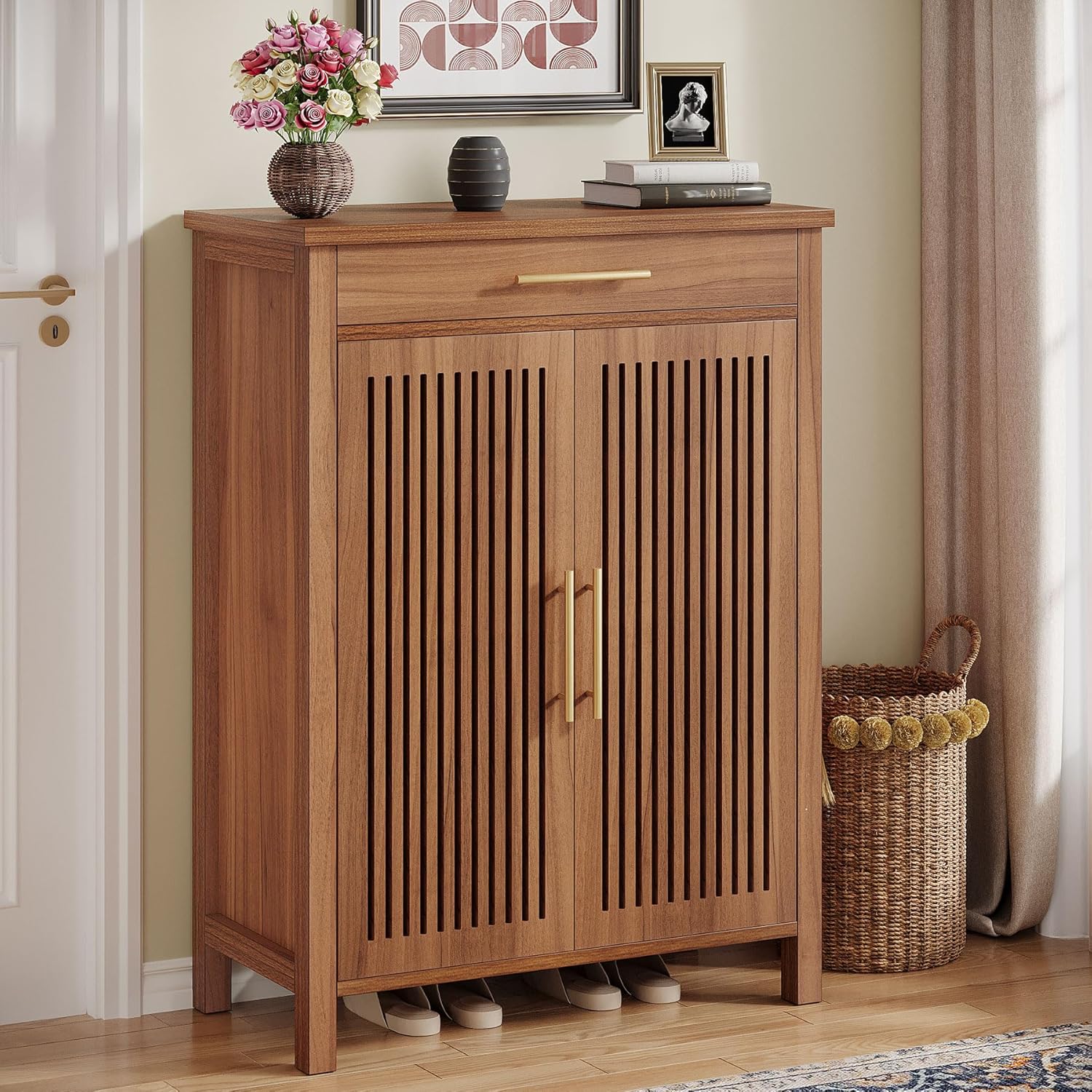 Tribesigns  Shoe Cabinet 5 Tiers Shoe Storage Cabinet with Louvered Doors and Drawer Freestanding Wooden Shoe Rack Organizer with Adjustable Shelves for Entryway Hallway Closet Brown
