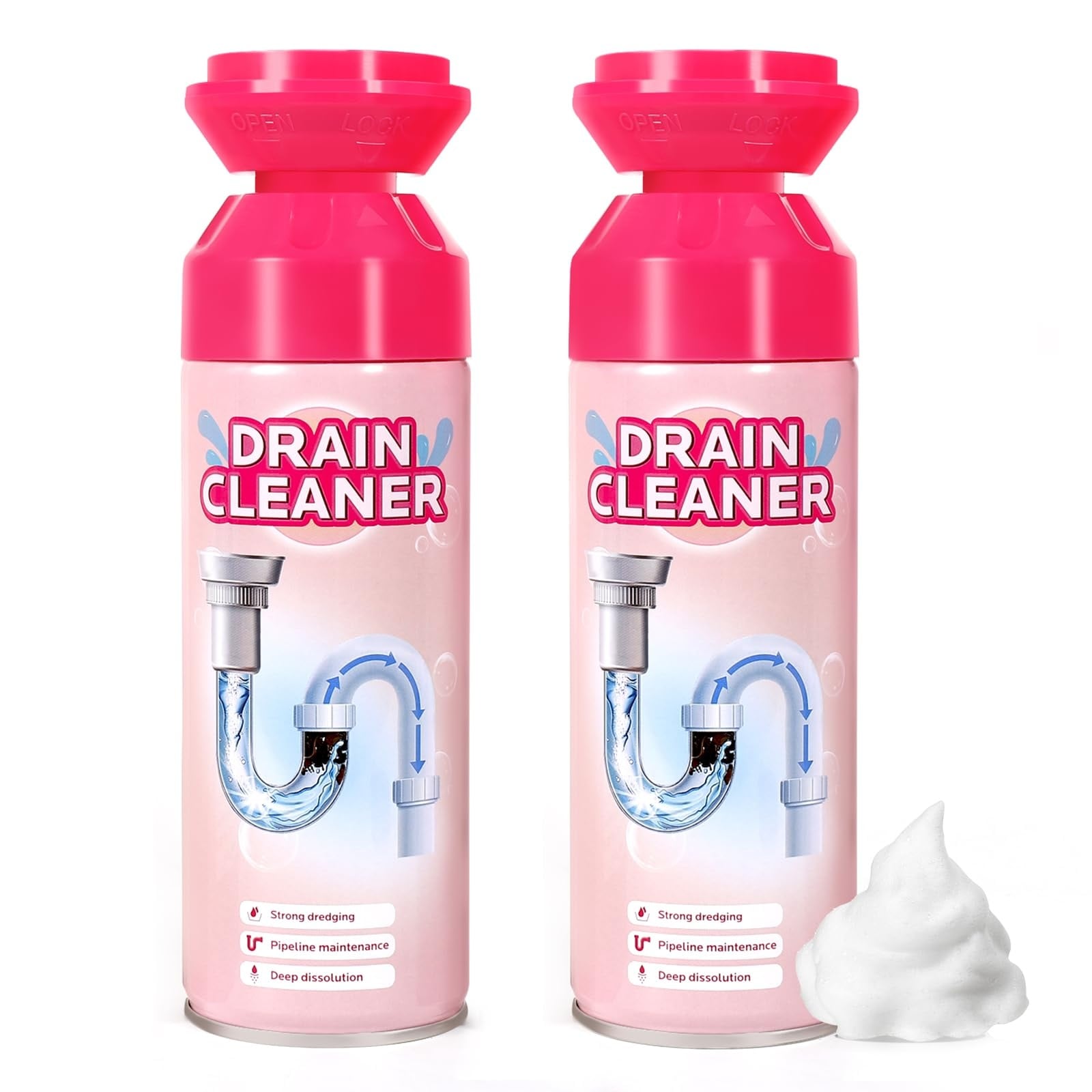 Phyfalip  Foaming Drain Cleaner Clog Remover for Kitchen Bathroom Sink and Shower Thick Foam Pipe Opener for Light Clogs 2 pack