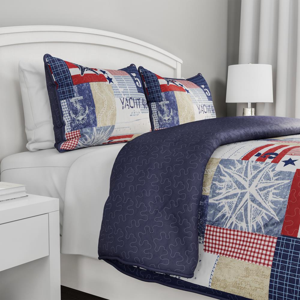 Stripes Maritime Icons Print Nautical Quilted Bedspread & Pillow Shams Set 