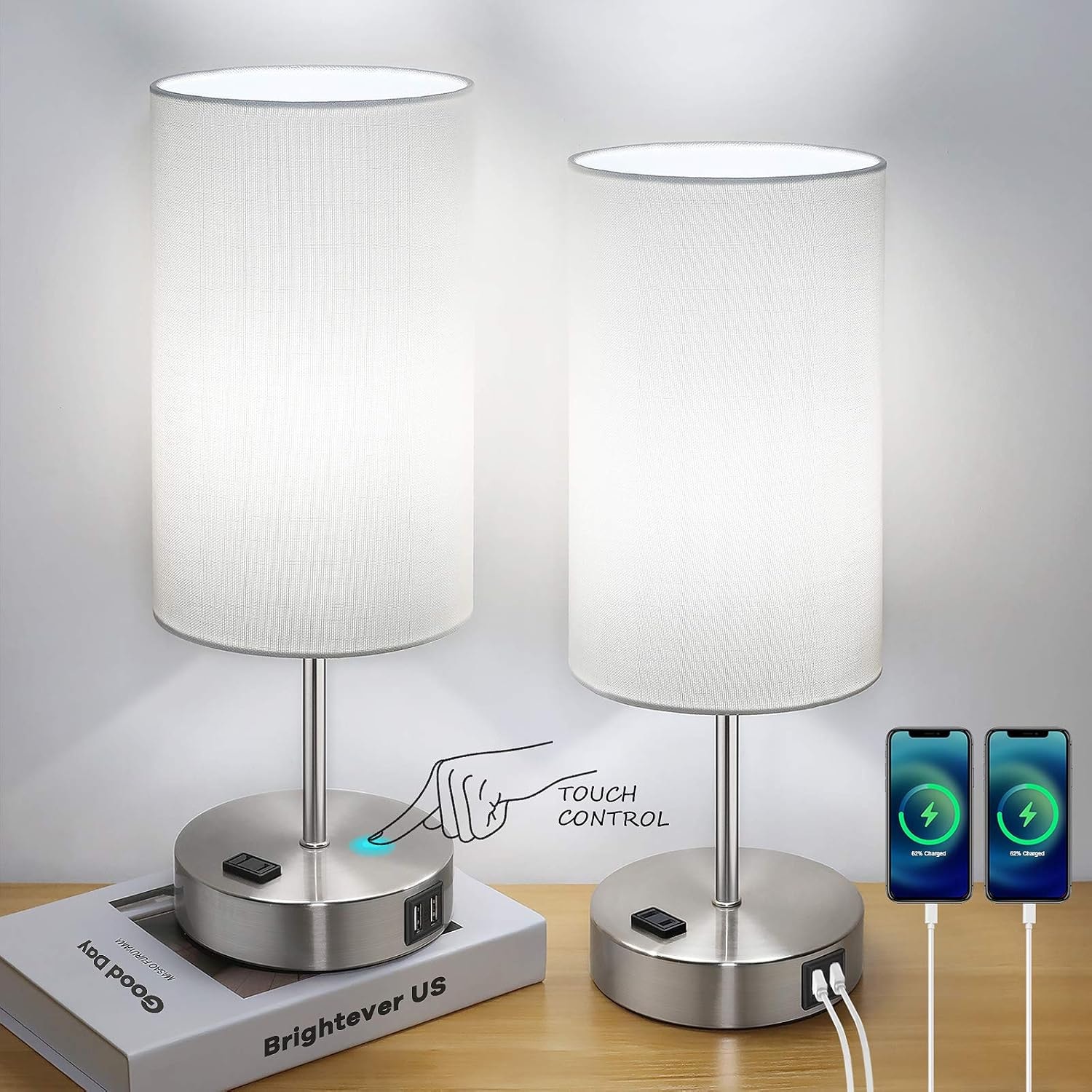 Nordic Hygge B08GCG3N7T Set of 2 Touch Control Table Lamps with USB Ports and AC Outlet 3-Way Dimmable