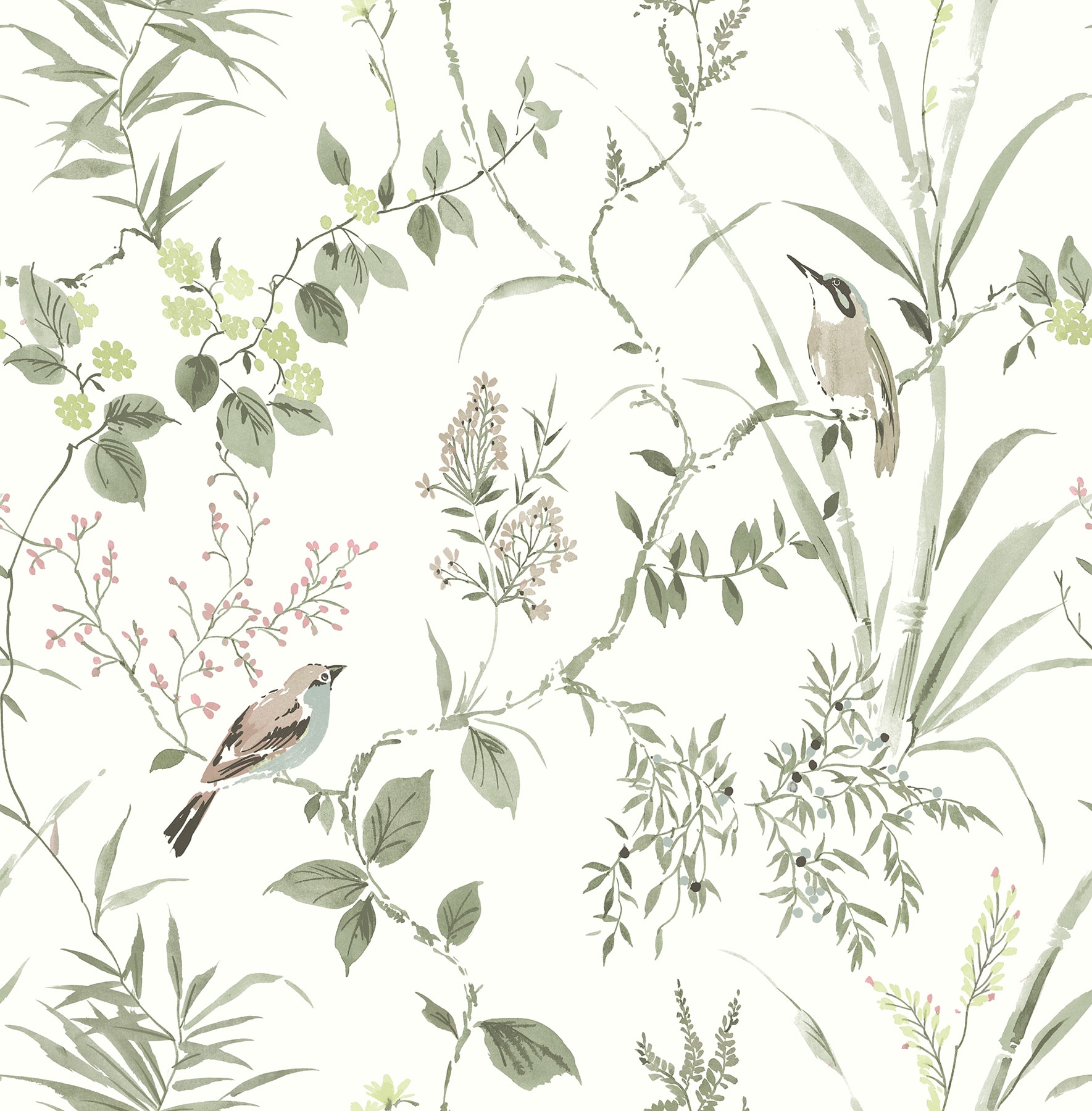 Chesapeake Green and Pink Floral Botanical Wallpaper