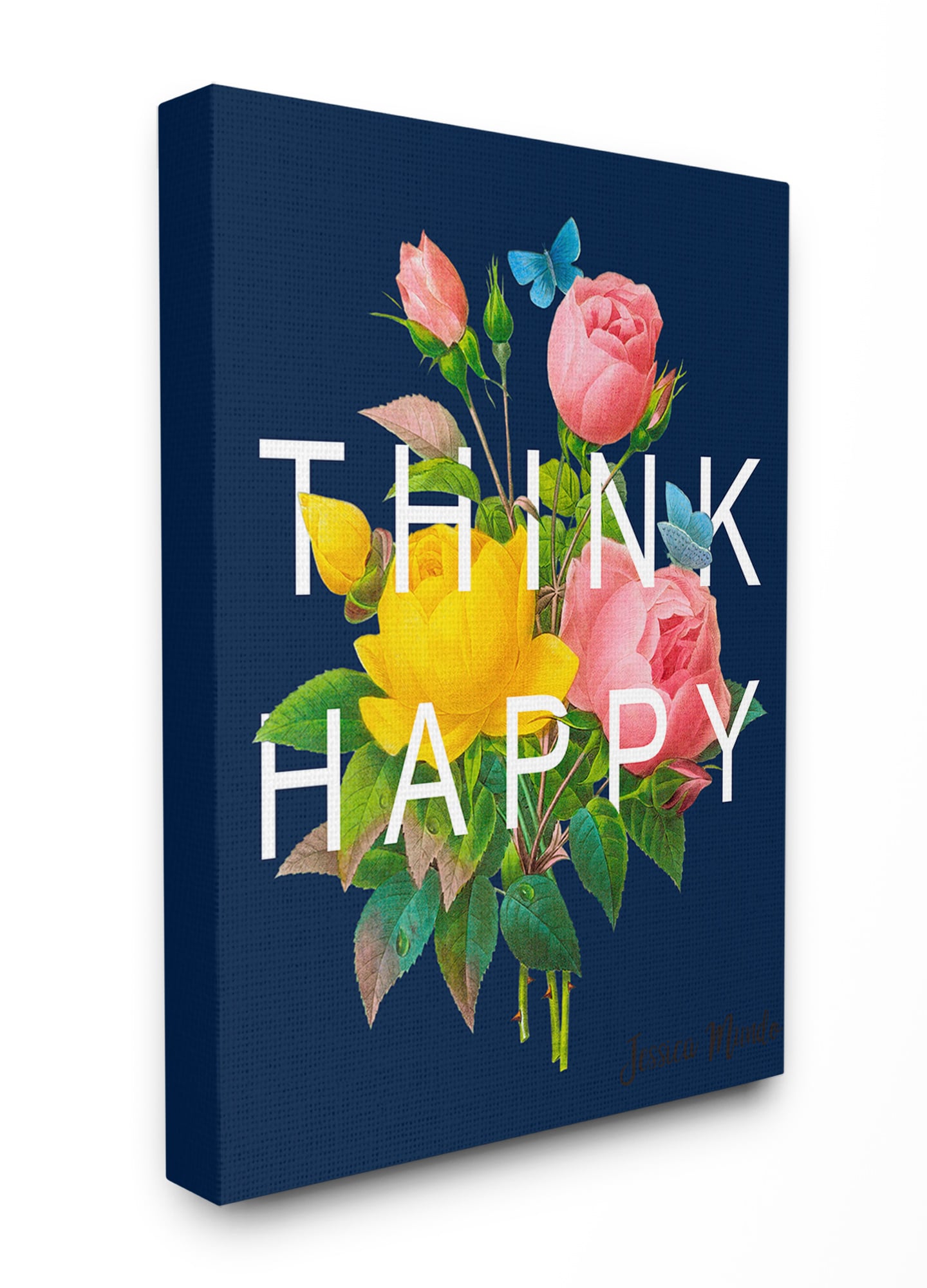 Stupell Industries MWP-562-CN-30X40 Navy Blue Think Happy Typography Over Floral Jessica Mundo 40-in H x 30-in W Abstract Print on Canvas