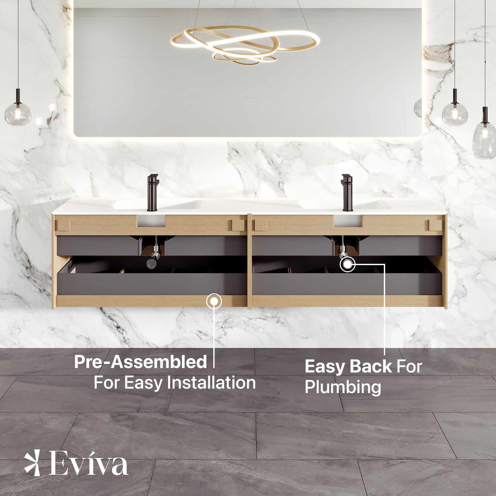 Eviva Bloom 48 in. W x 18 in. D x 34 in. H Double Sink Floating Bath Vanity in Natural Oak with White Porcelain Top