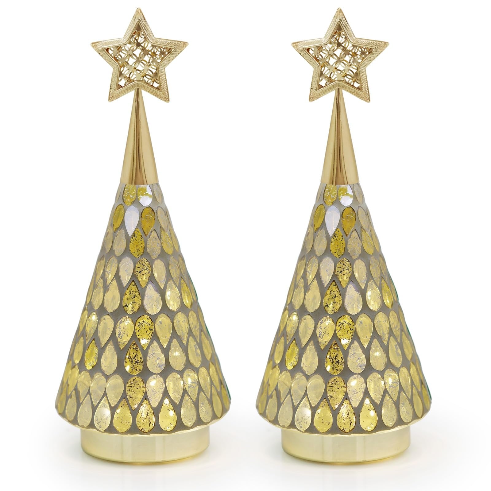 Oyezvary  Mosaic Glass Christmas Tree Gold Set of 3 pcs Tabletop Trees with Star Lighted Decoration for Holiday Bedroom Table Centerpiece 11 Inch