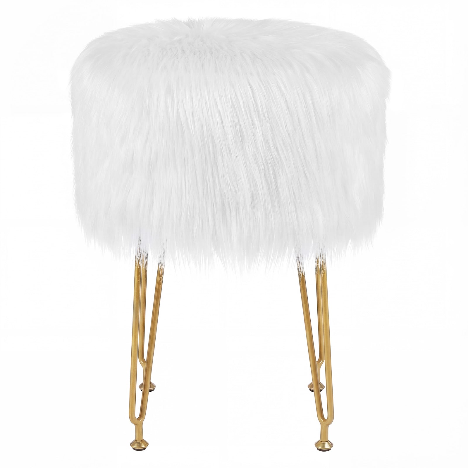 Slickblue - Round Pink/White Faux Fur Vanity Stool with Gold Metal Legs for Bedroom Dressing Room...