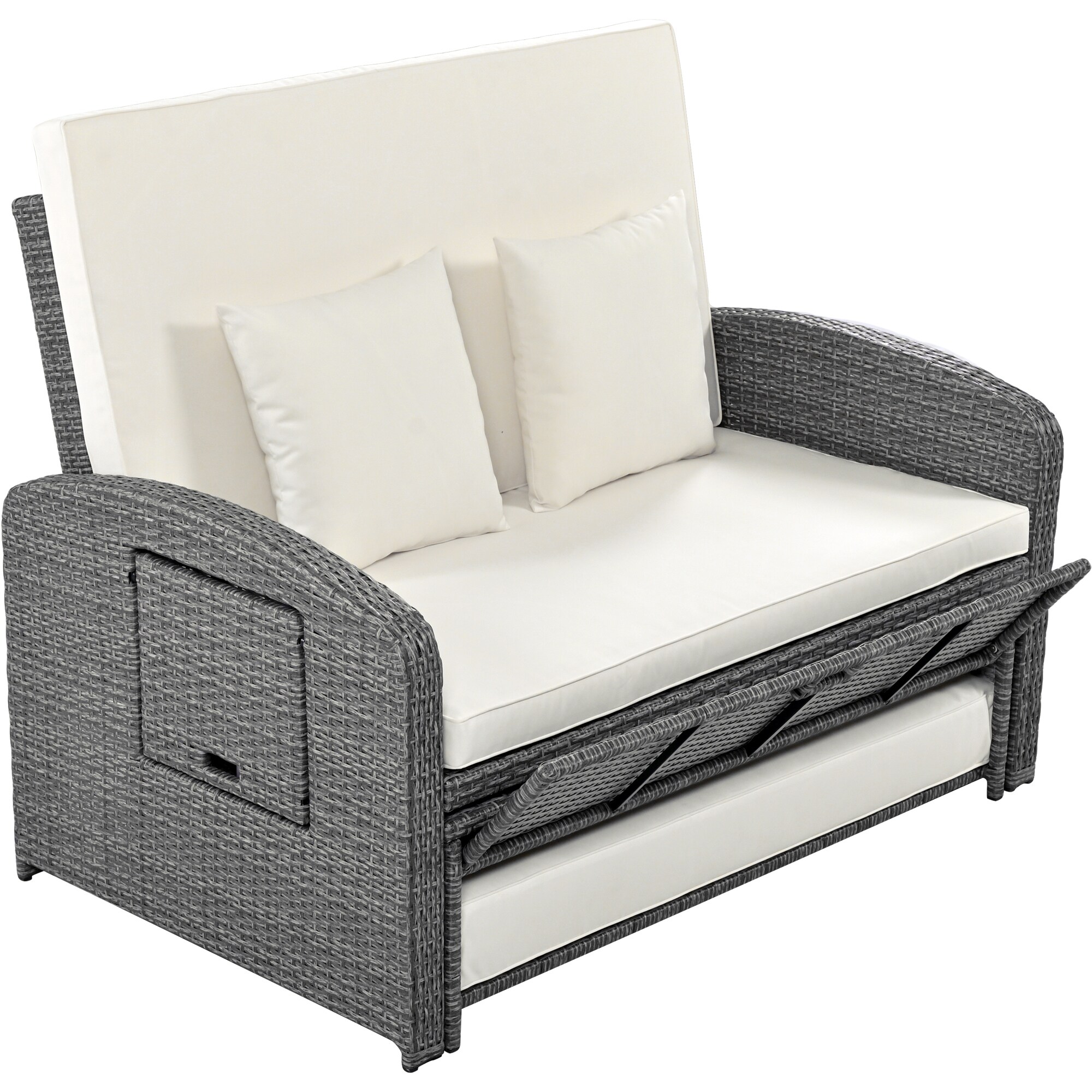 Angeles Home Cushioned Wicker Rattan Outdoor Daybed Thick Pillows Lounge Chair with White Cushion