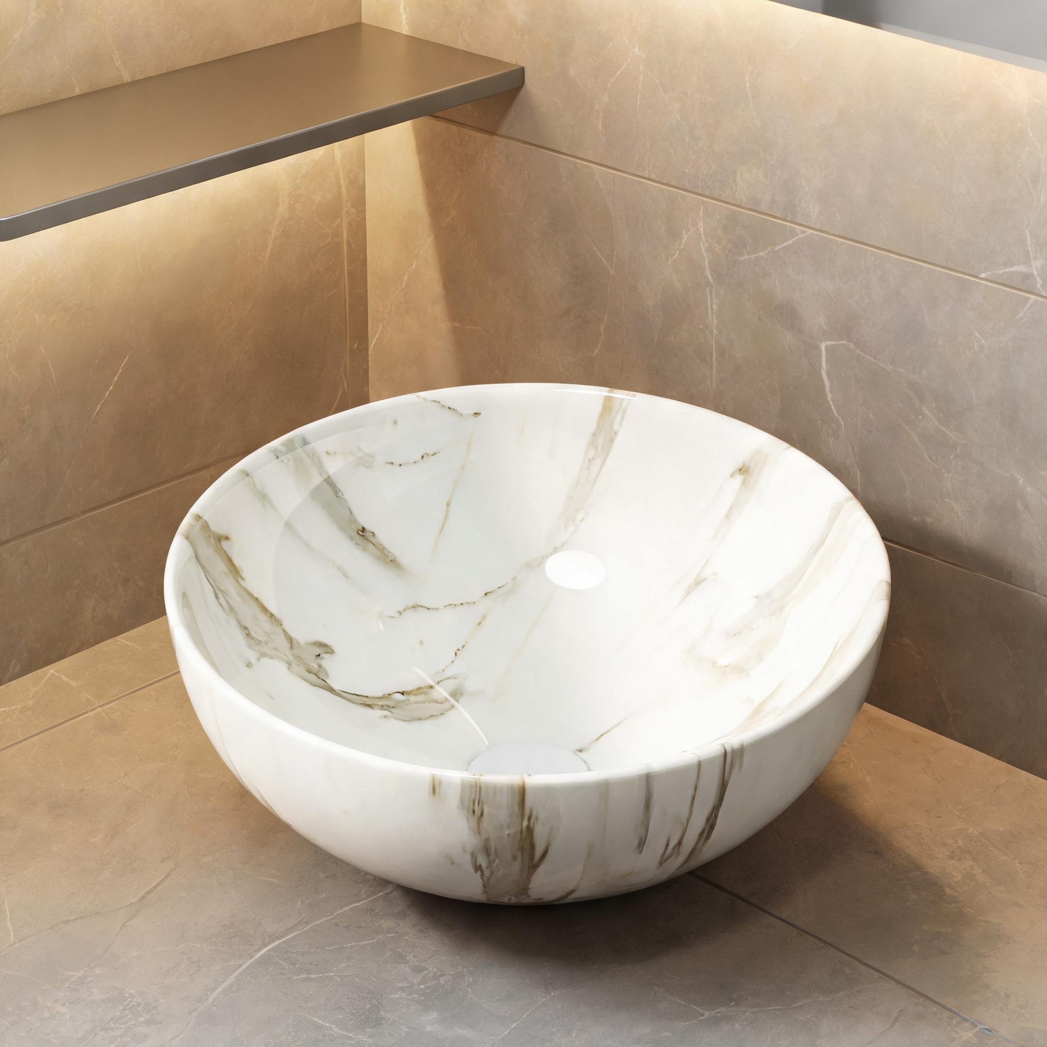 Naturefalls White Ceramic Vessel Bathroom Sink with Stone Pattern 14-Inch Round Bowl for Countertop Vanity Installation