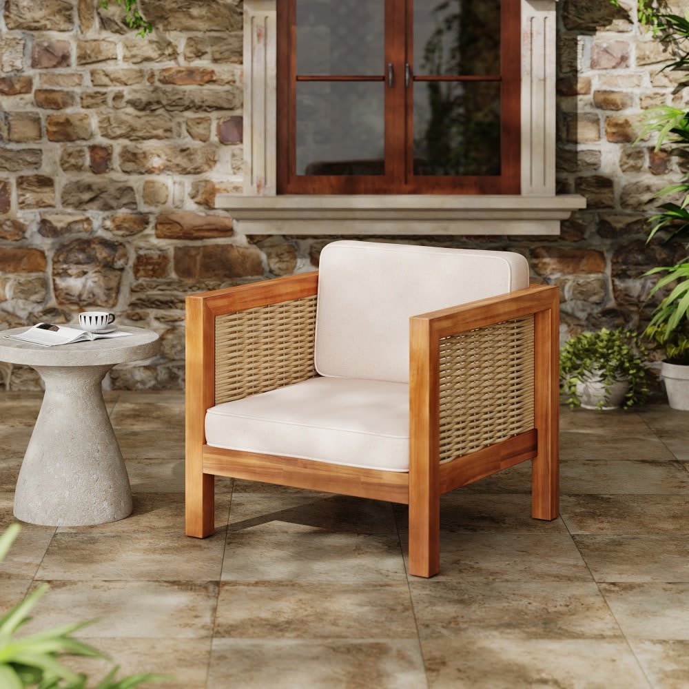 Coolbibila 30 in Coastal Wicker Arm Natural Finish Acacia Wood Outdoor Club Chair With Cushions one_size | XYL-CHAISE-TEAK
