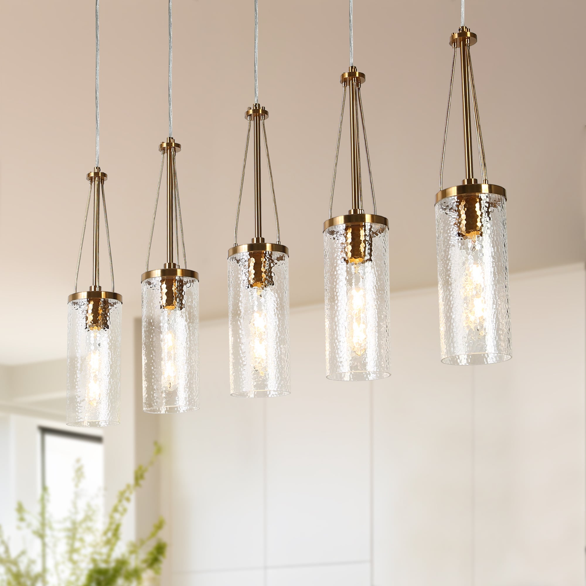 LNC L67RYI29701A9C Letophafos 5 -Light Polished Dark Gold with Ripple Glass Modern/contemporary Textured glass Linear Large Hanging Kitchen island light