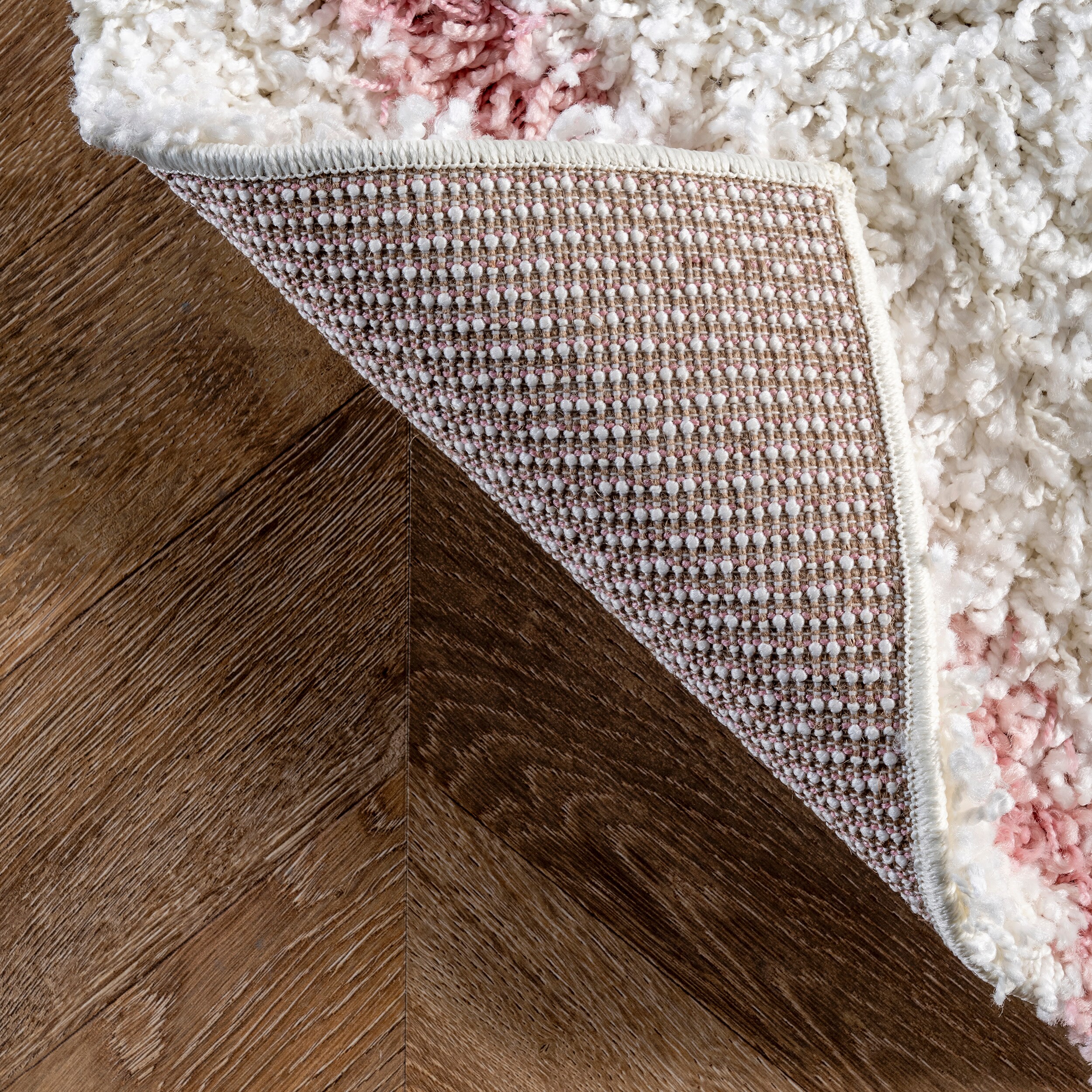Pink and Ivory Geometric Shag Runner Rug, 2' 8" x 8'