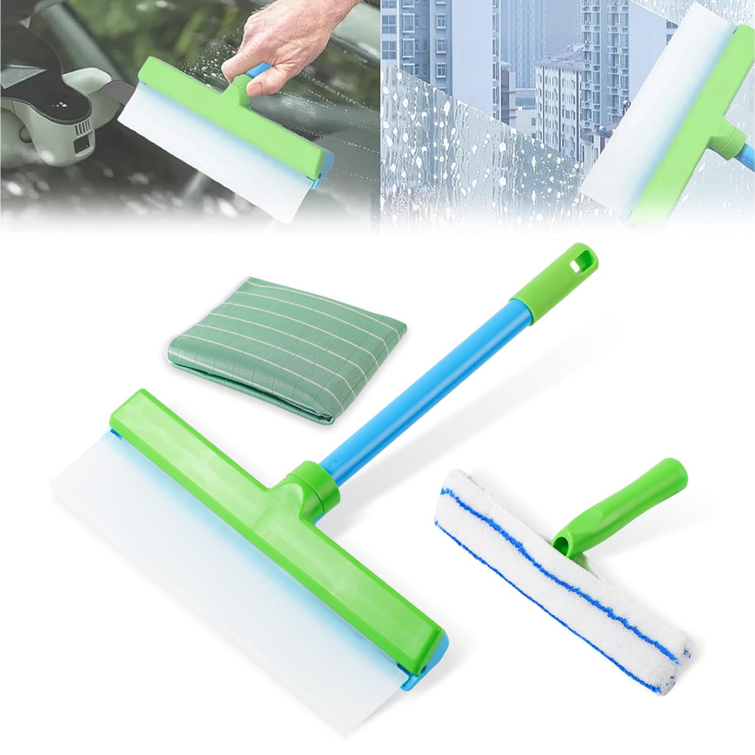 Ahfiwaso  Window Cleaning Kit with Silicone Squeegee and Rotatable Rubber Microfiber Scrubber 3 in 1 Glass Cleaning Tool Set