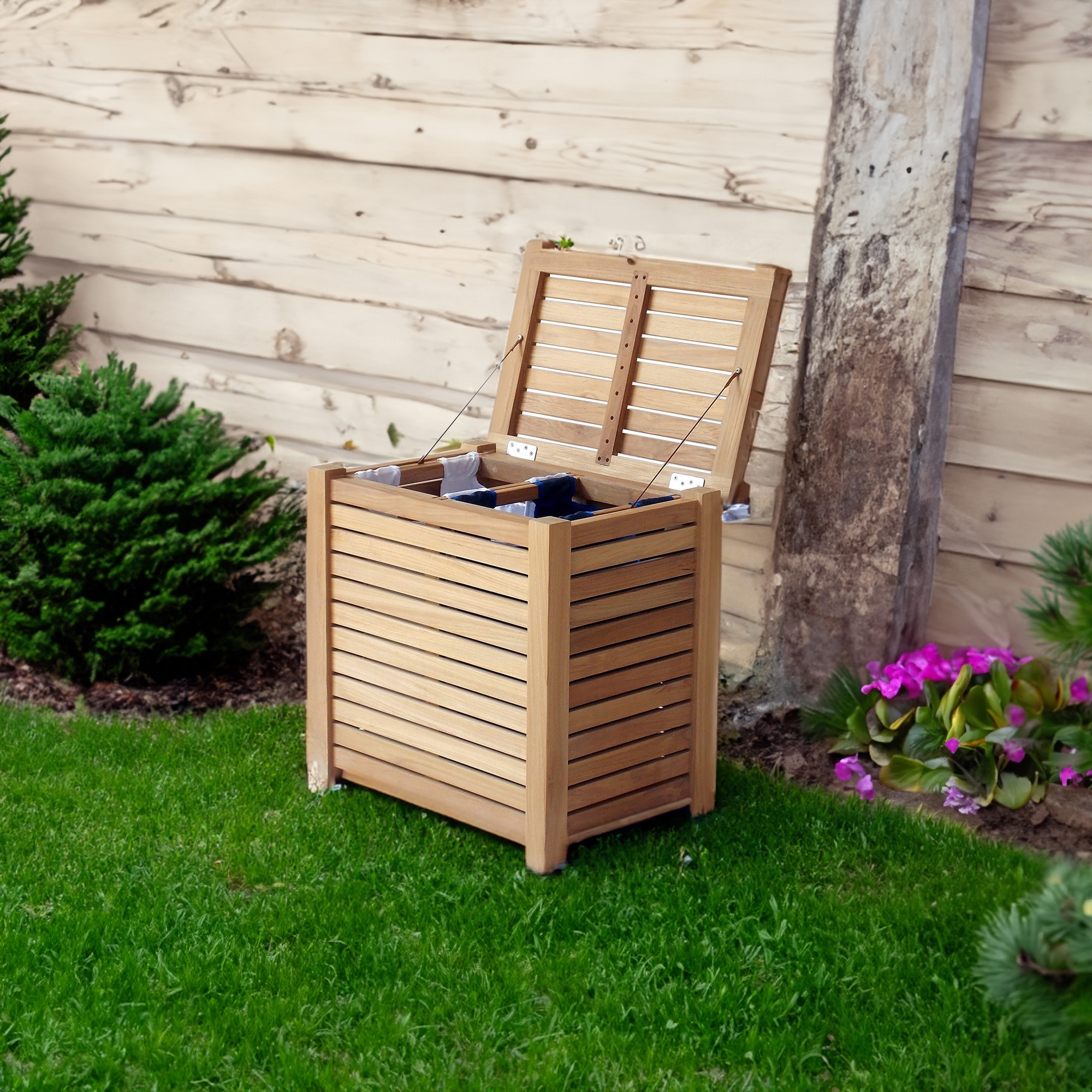 Teak Wood Upright Laundry Hamper with Dual Sacks