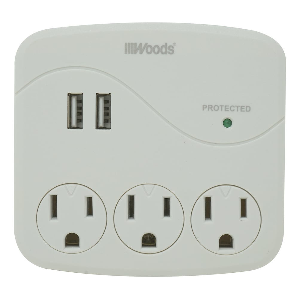 Woods 41029 3 -Outlet 560 Joules 1800 -Watts 1800VA White Indoor USB Surge Protector