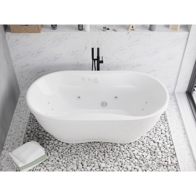 Mjkone Freestanding Whirlpool Bathtub,Spacious Triangle Shaped Back to Wall  Tub,Therapy Massage Soaking Tub with Double Pillows,Elegant White Acrylic  Jet Spa with Powerful Hydro Jets 
