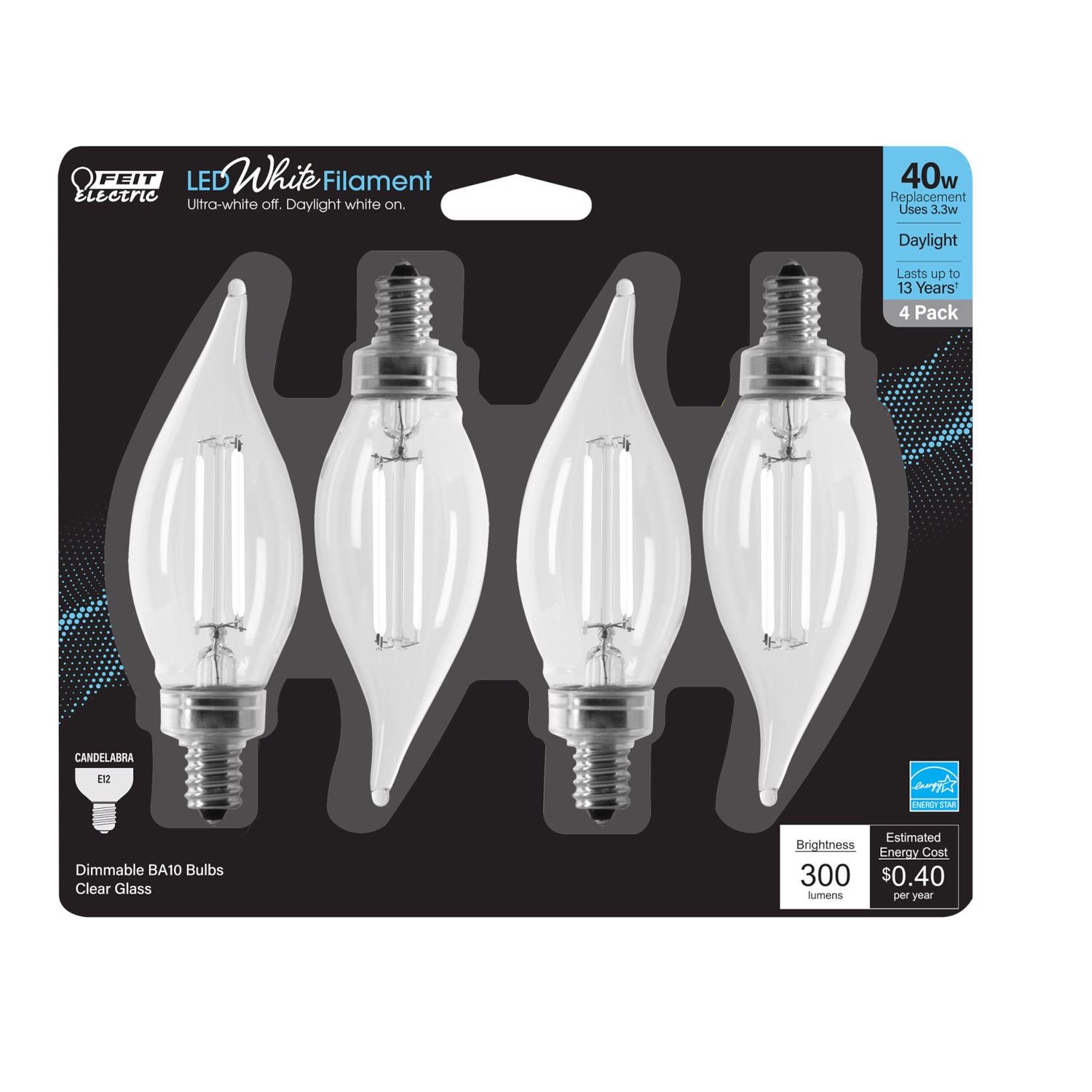 Feit Electric EJD3005600 White BA10 E12 Candelabra Filament LED Bulb Daylight 40 Watt Equivalence 4 pk