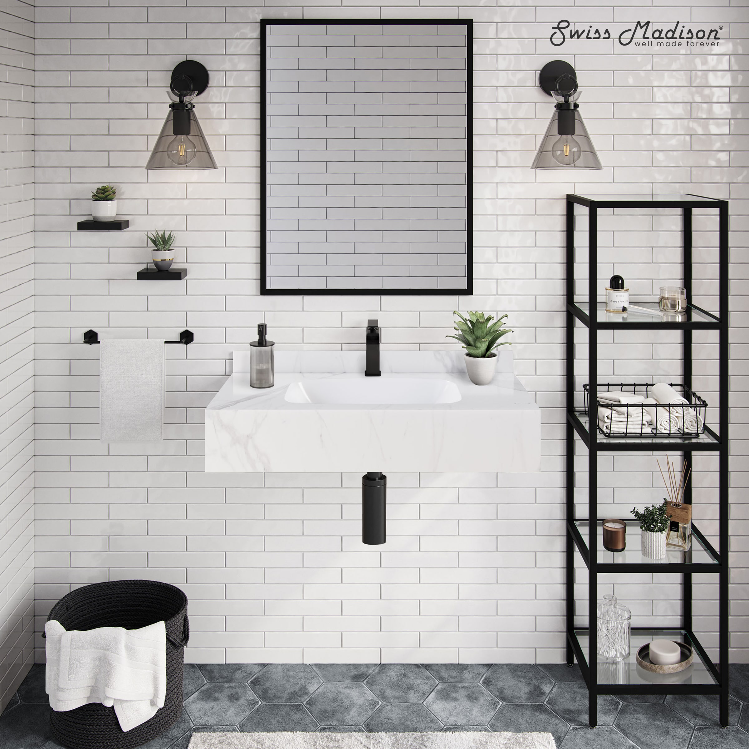 Swiss Madison SM-25-WSVIC02WM Vicenza Ceramic 35.5-in Wall-mount Rectangular Modern Matte White Marble Bathroom Sink