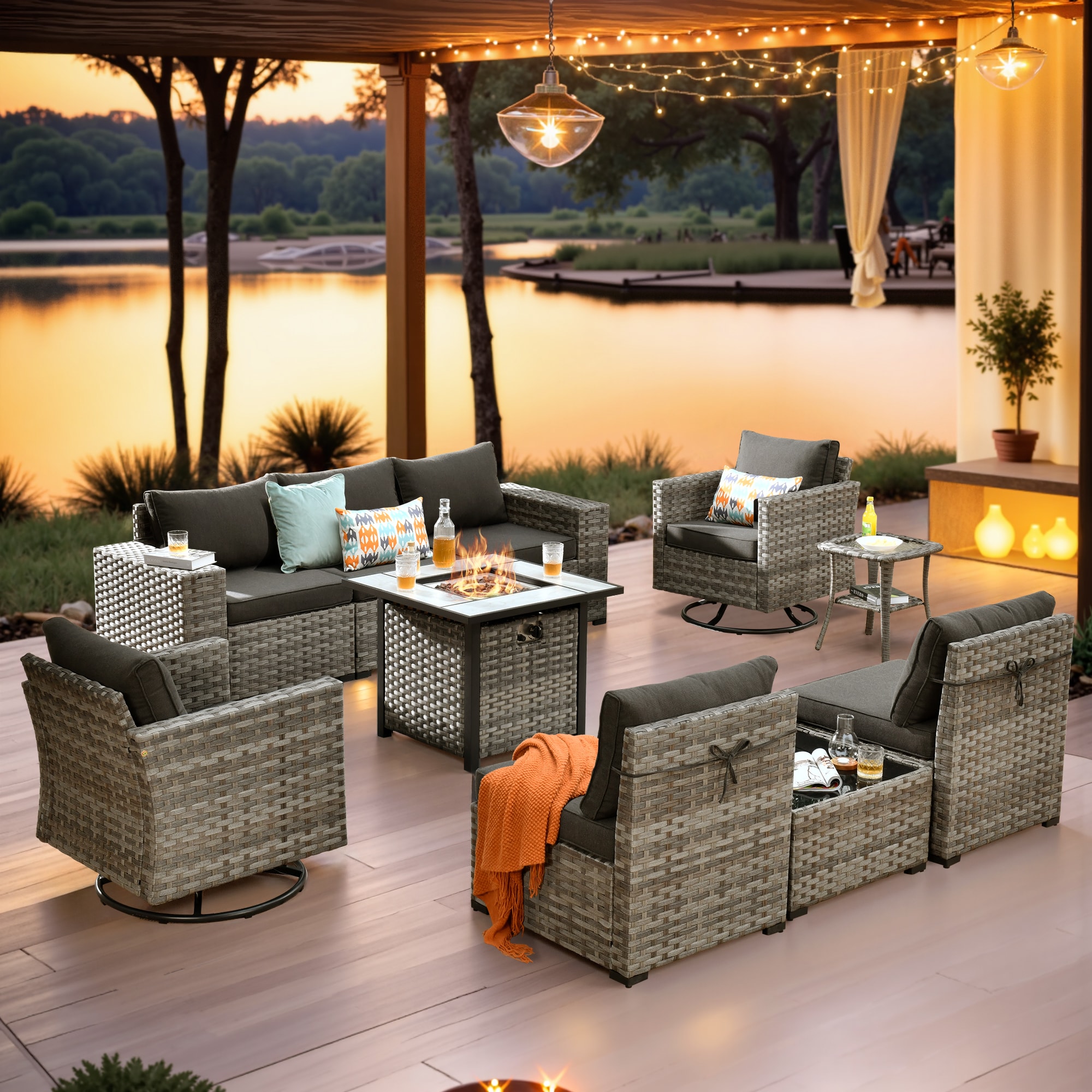Ovios FPKFS100Y 10 -Piece Wicker Patio Conversation Set with Black Cushions