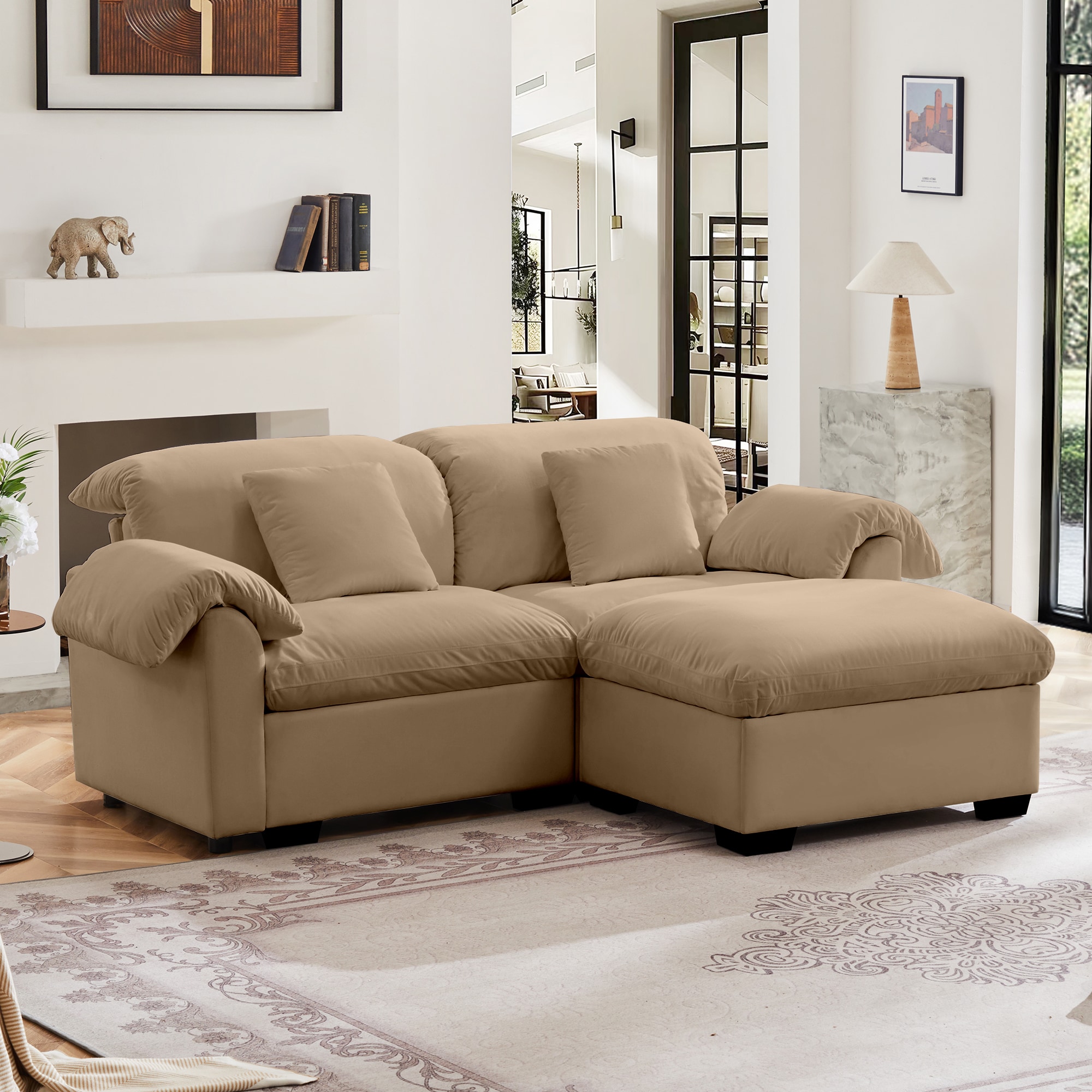 GDFStudio 333451 2 Seater Deep Seat Cloud Like Sectional Couch With Storage Reversible Ottoman