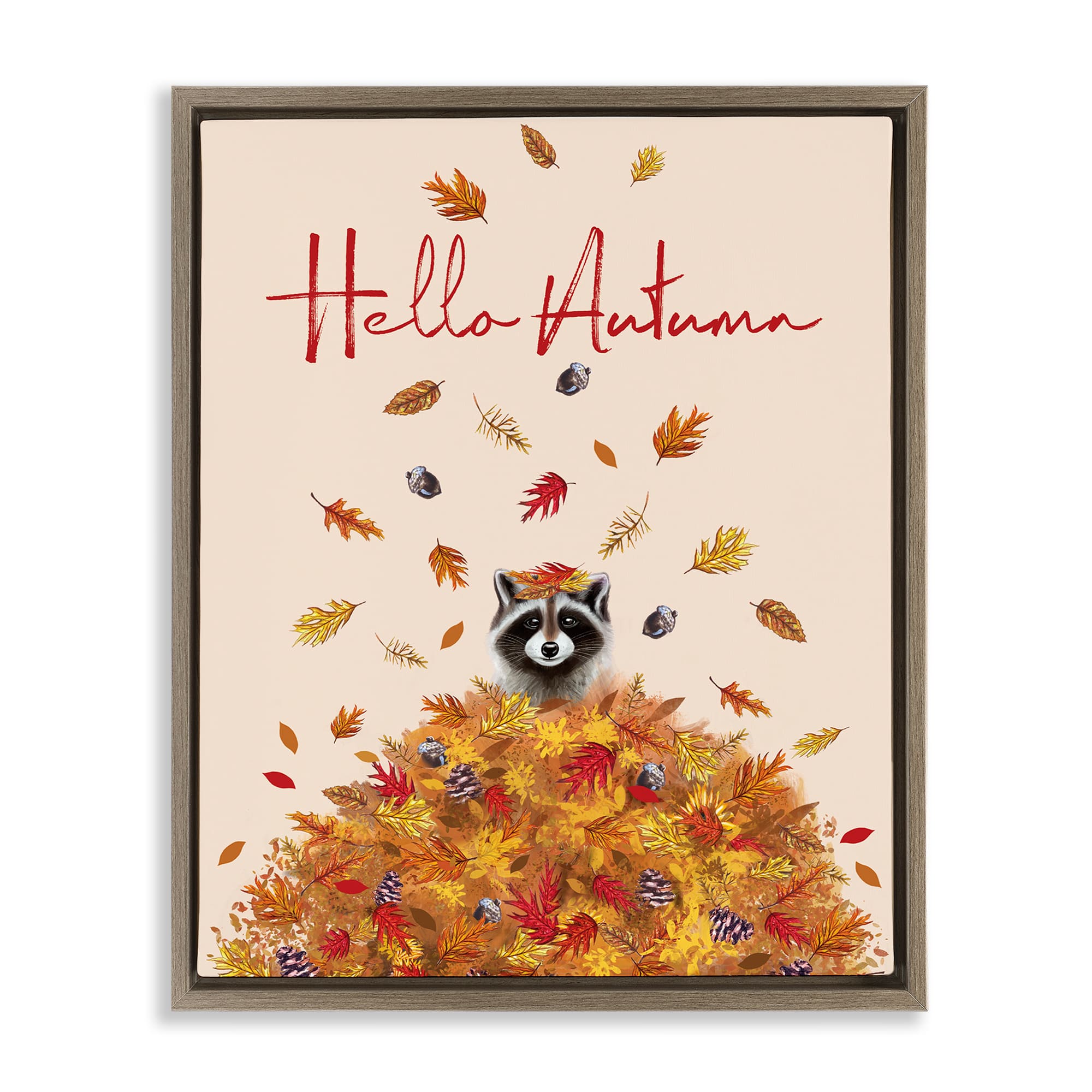 Stupell Industries BT-571-FFE-16X20 Hello Autumn Raccoon Brown Framed Floater Canvas Wall Art By Elizabeth Tyndall 17 x 21