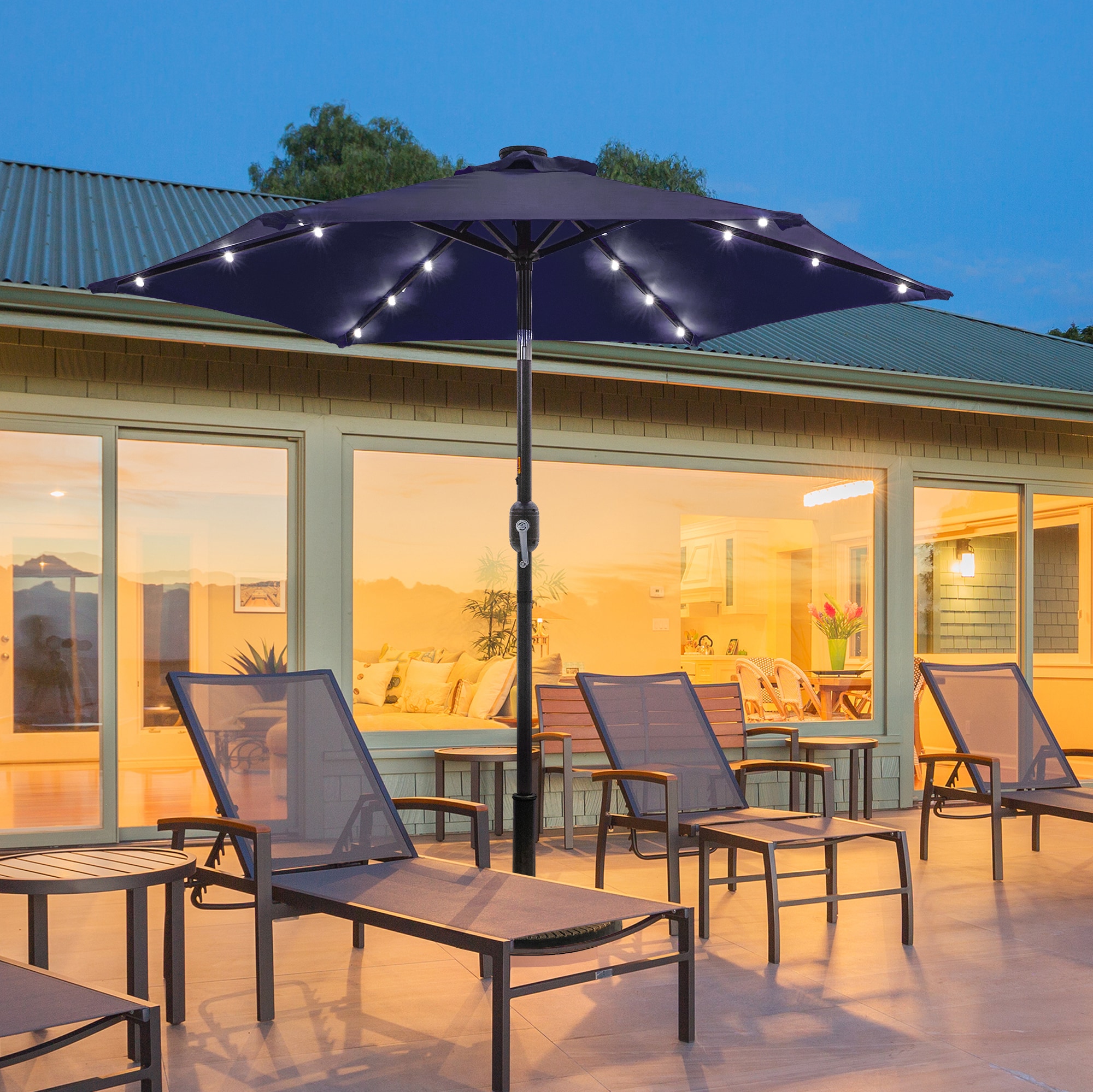Sonkuki SD-LED90NY 7.5-Feet Steel Blue Push-button Tilt Market Patio Umbrella with Lights and
