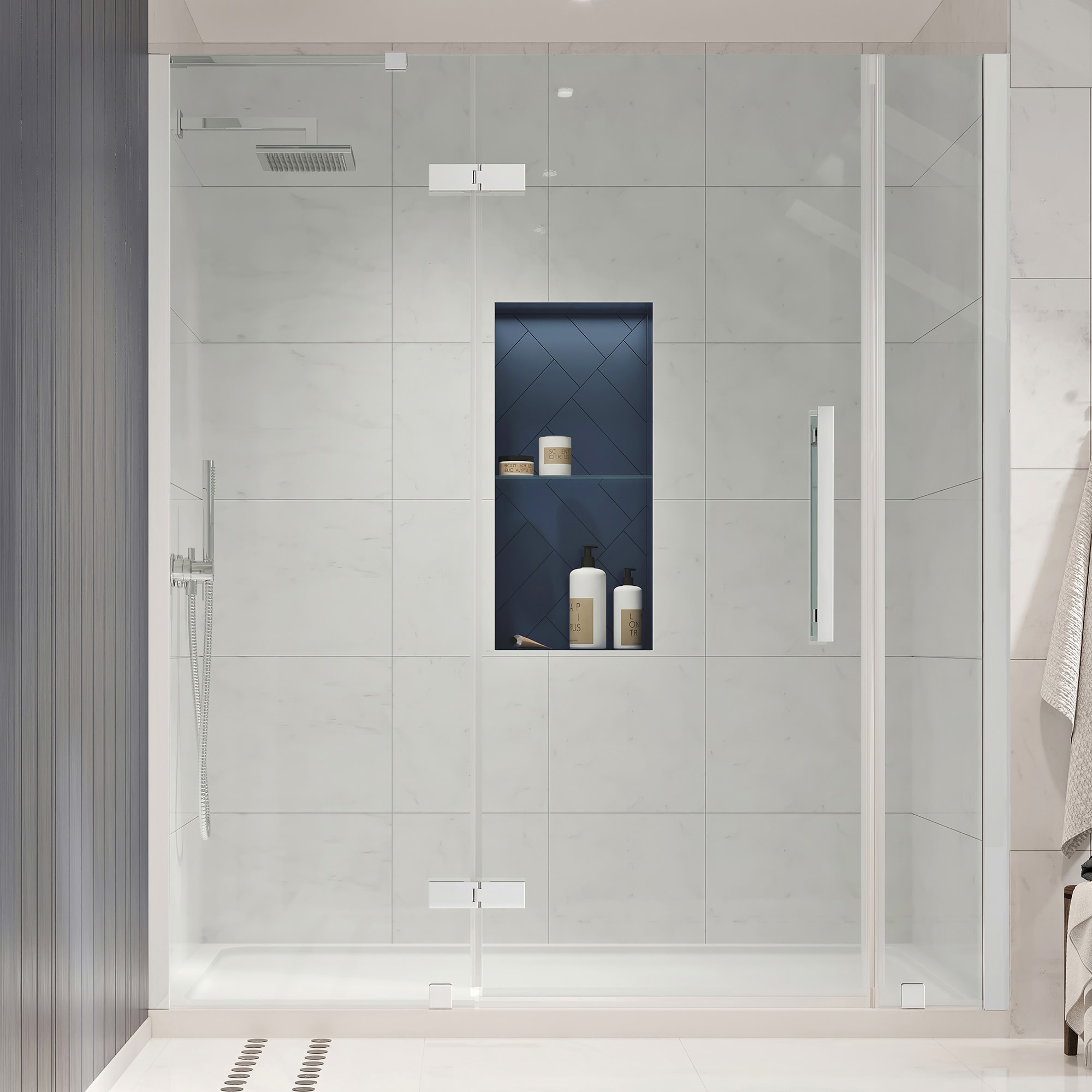 OVE Decors 828796052344 Tampa 60-in W x 36-in L x 75-in H Rectangular Alcove shower kit ( Reversible Drain) Base and Door Included Chrome Hardware Included