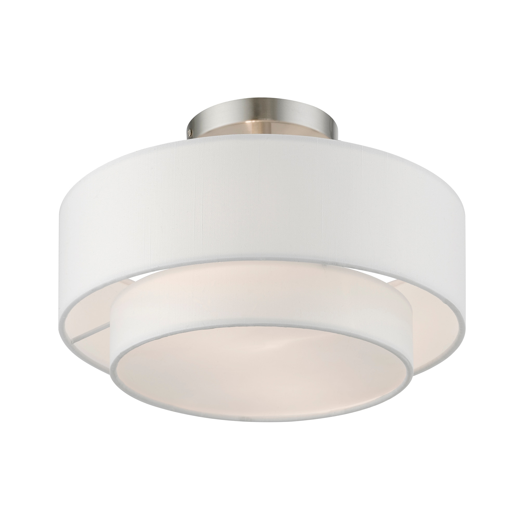 Sleek Brushed Nickel 2-Light Semi-Flush Mount with Off-White Drum Shade