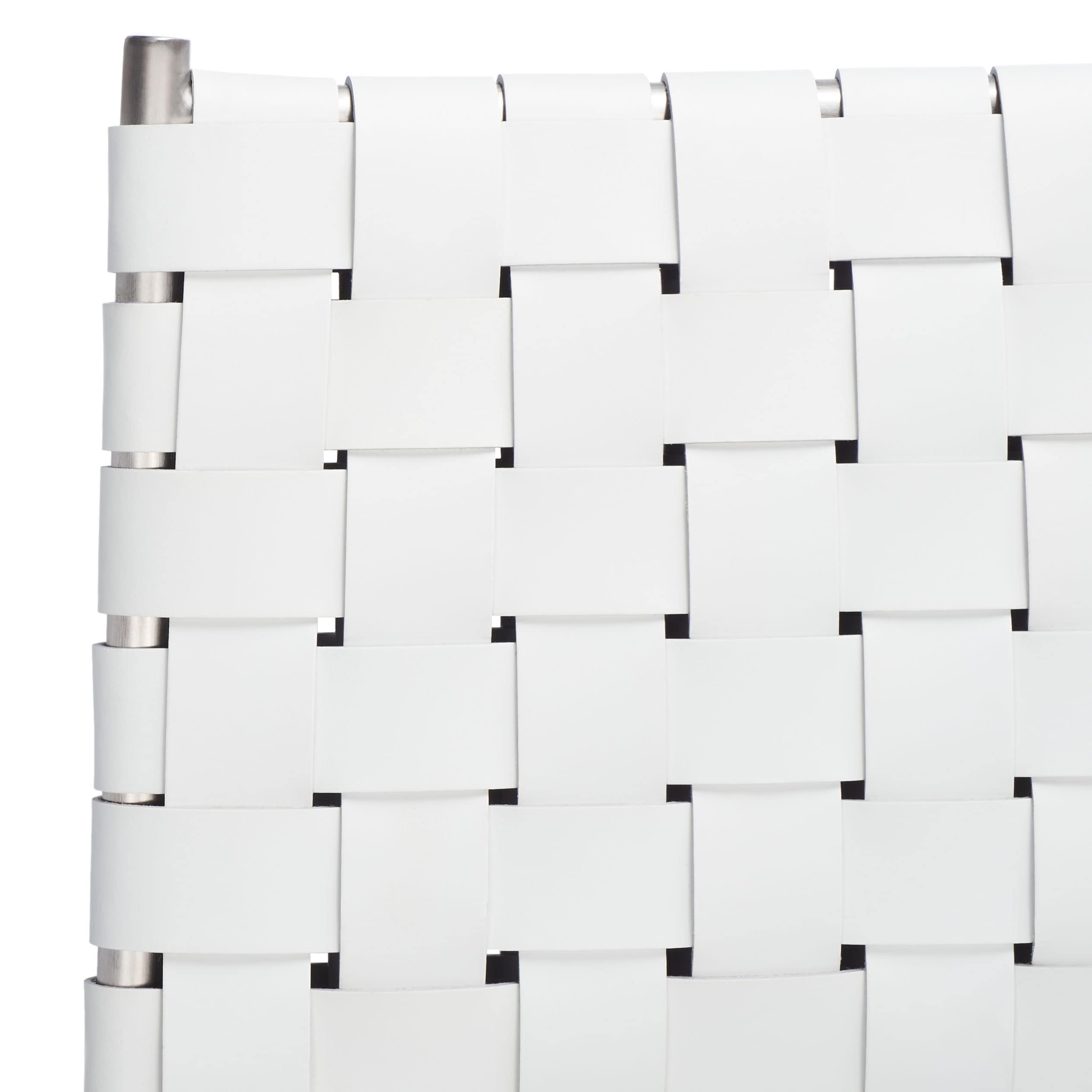 Saddle Style Woven White Leather Counter Stool with Silver Metal Base