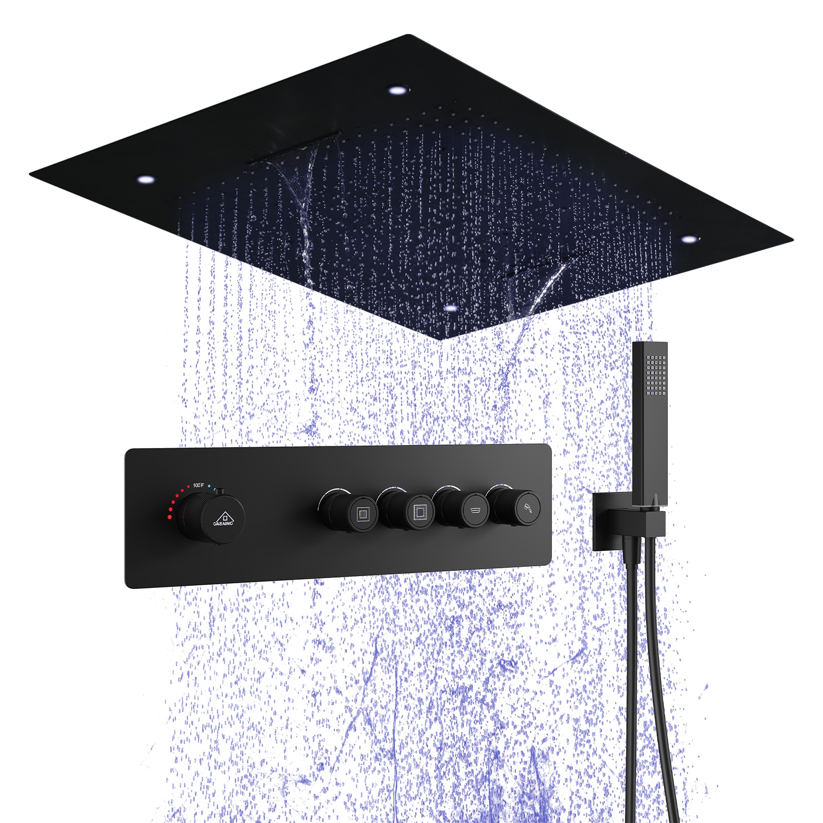 CASAINC KCHS0024-MB Shower System Matte Black 23.6-Inches Waterfall Built-In Shower Faucet System with 2-way Diverter ( Thermostatic Valve Included )