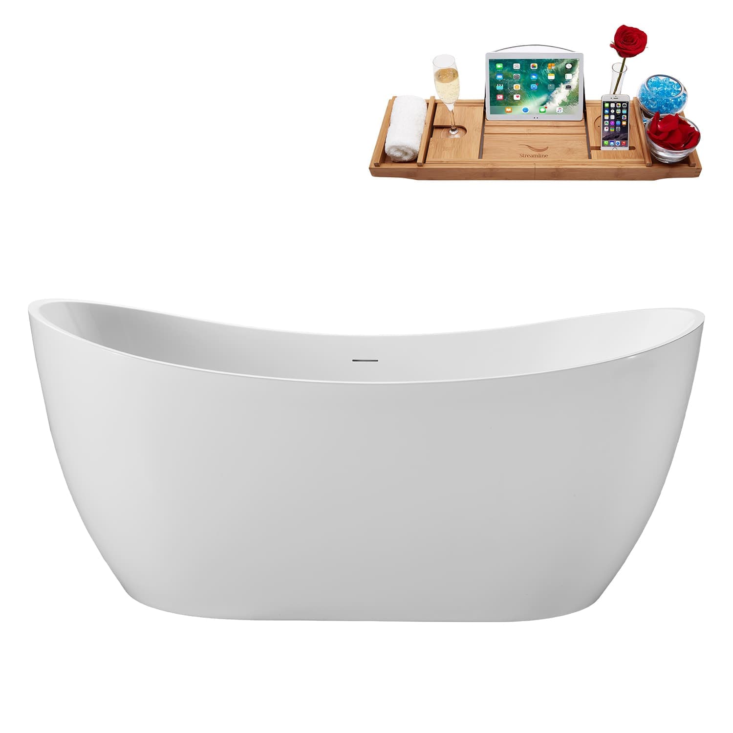 Streamline 63 inch  Soaking Glossy White Freestanding Tub With Internal Drain in Brushed GunMetal