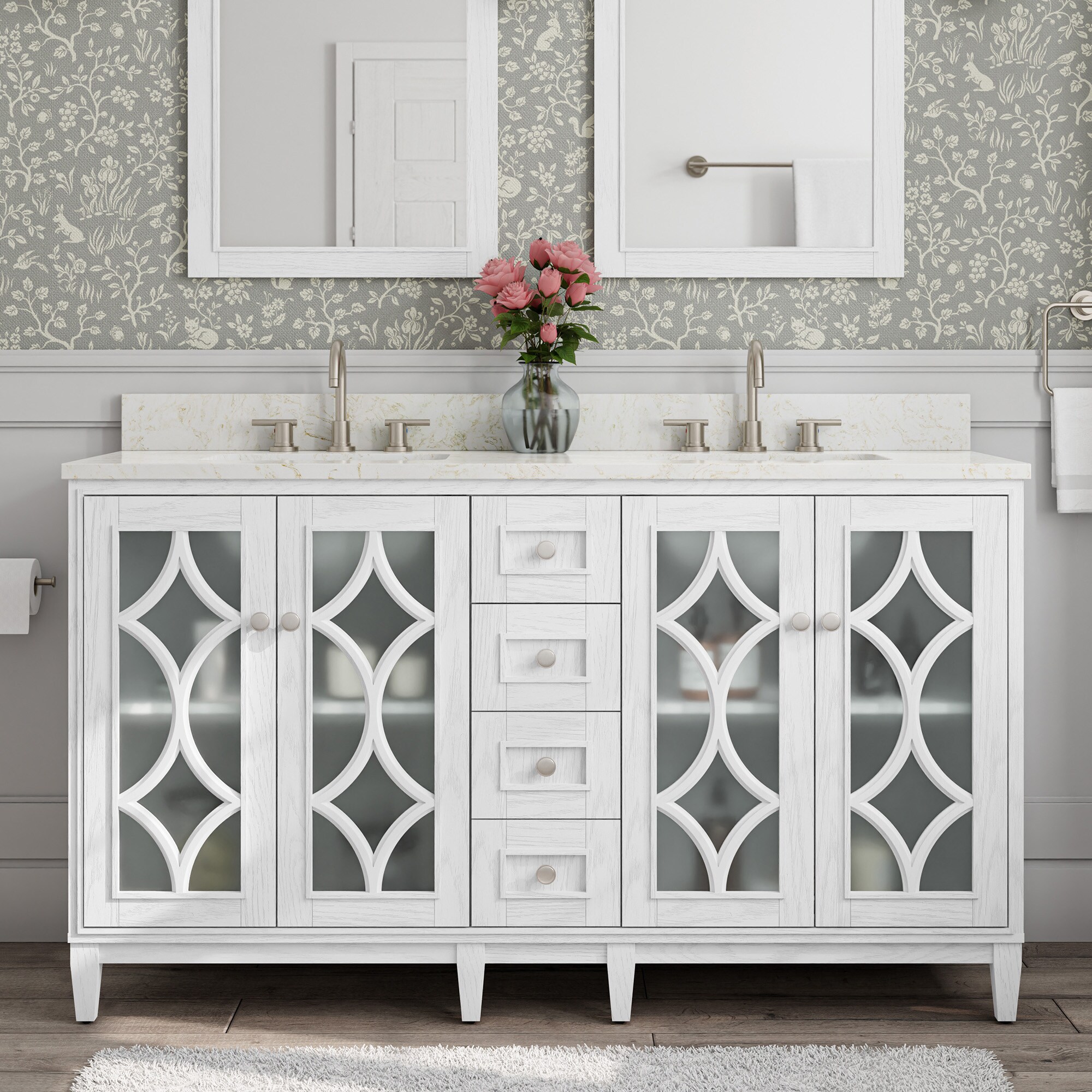 Kathy Ireland Home 1591VA-60-241-926-UM Southport 60-in White Oak Undermount Double Sink Bathroom Vanity with Calacatta Engineered Marble Top