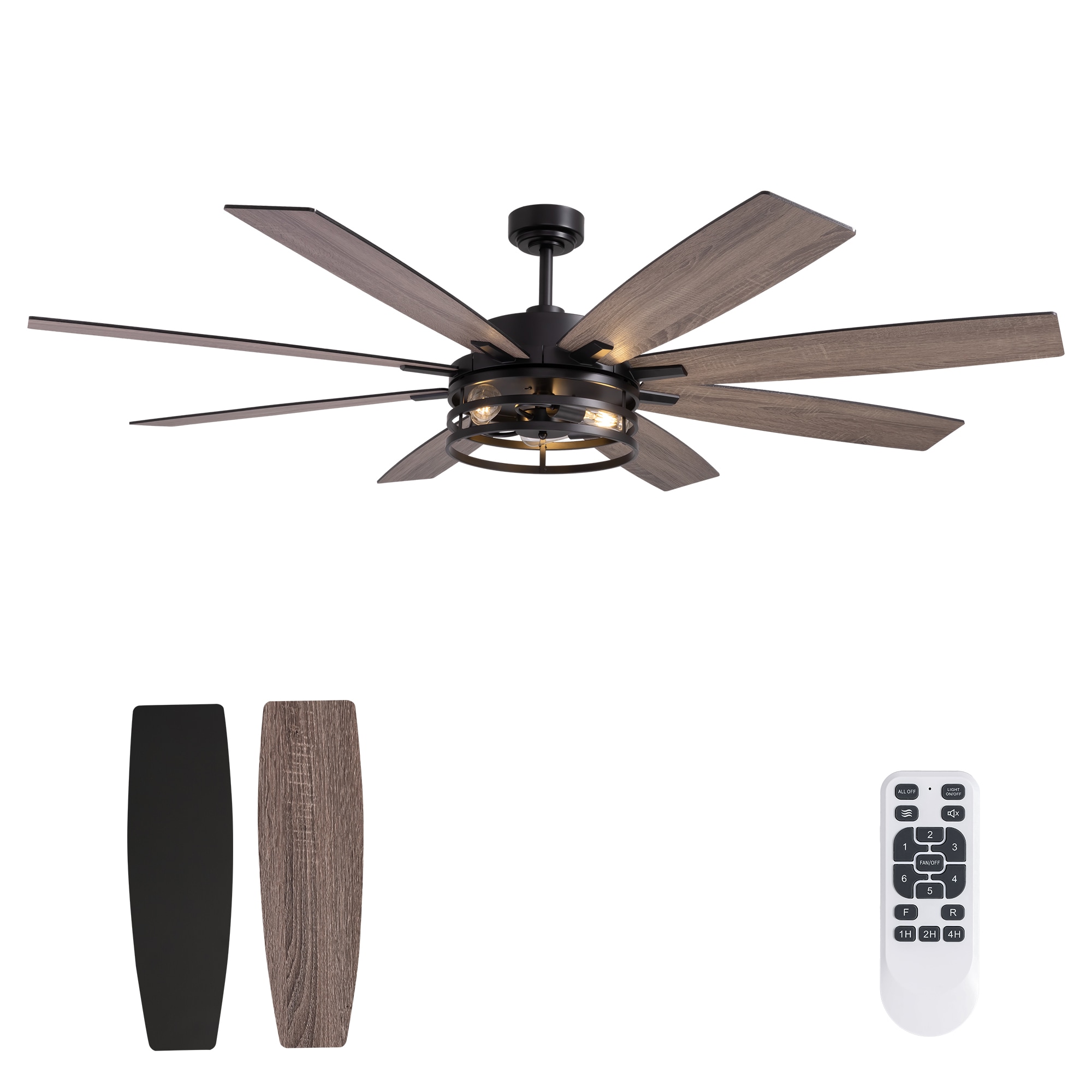 SILJOY FS-8837D-72-01 72-in Indoor Matte Black Caged Ceiling Fan with Light Kit Reversible Blades and 6 Spand and Remote Included