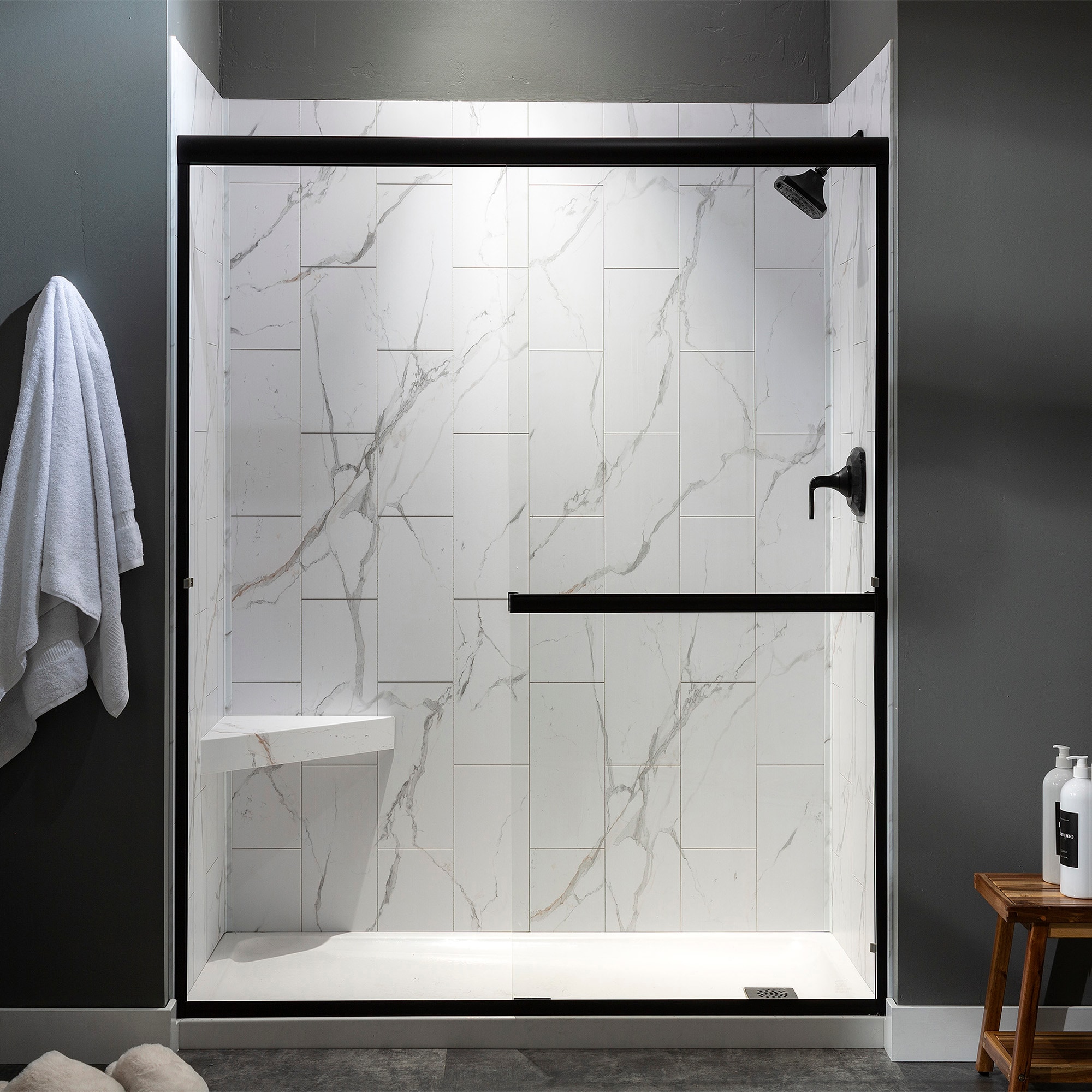 Carrara Marble Finish PVC Corner Shower Bench