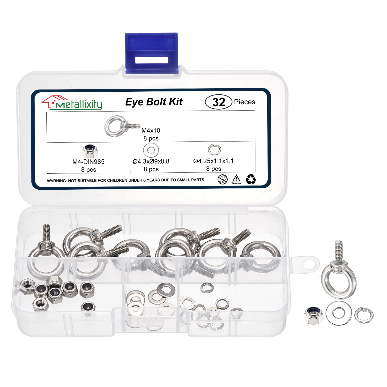 Unique Bargains Shoulder Eye Bolt with Spring Washers and Flat Washers and Lock Nuts (M4x10mm) 8set 304 Stainless Steel Machinery Lifting Ring Threaded Eye Bolt - for Load Hoisting Silver #S26072900UX4736