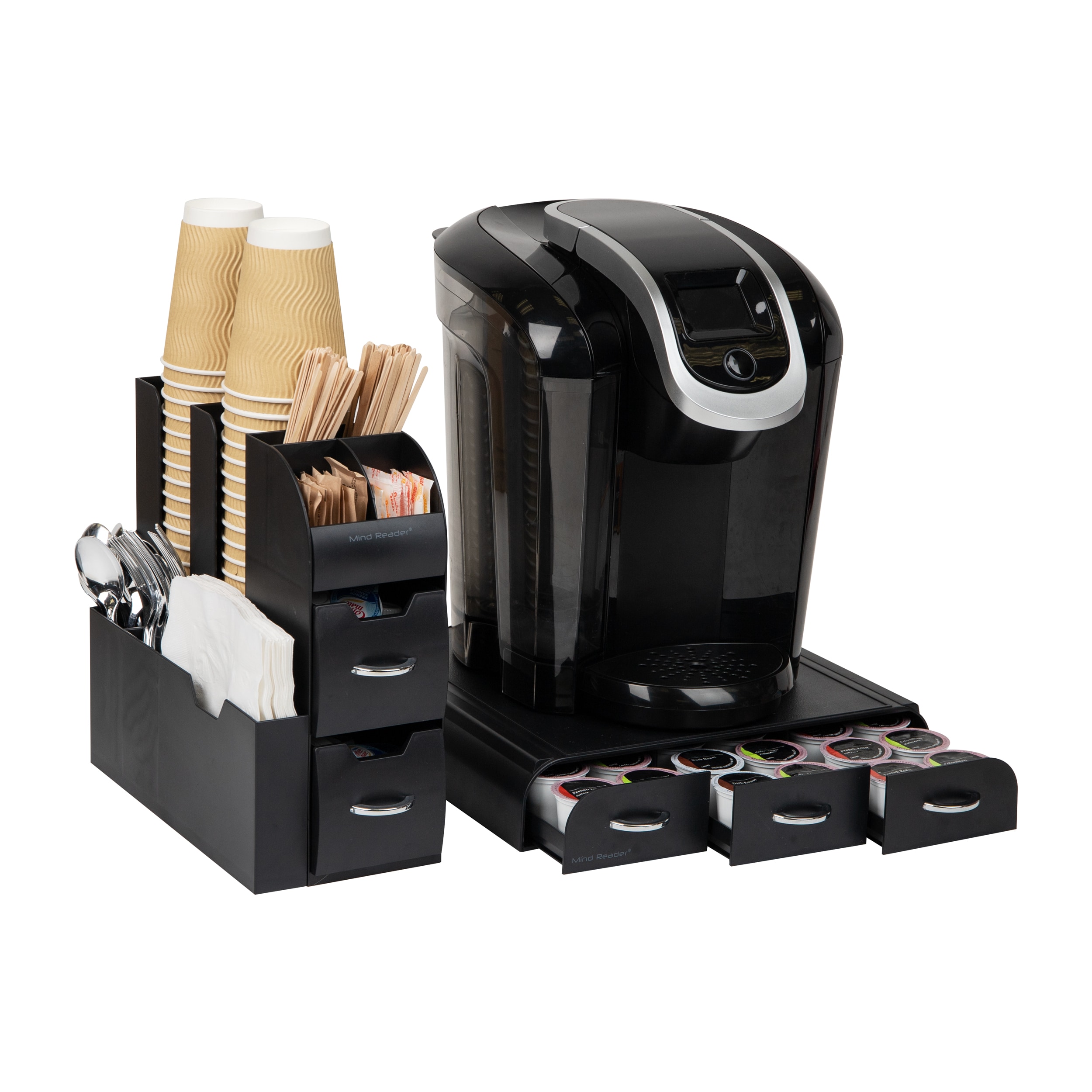 Wooden Coffee Station Organizer Set, Adjustable Coffee Accessories Caddy  for Countertop, Kcup Coffee Pod Holder Storage Basket with Cup Serving Tray