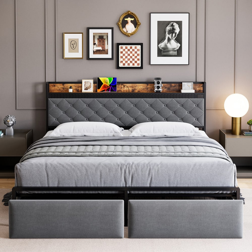 Garvee PHO-0YDY4GFG Gray Queen Metal Platform Bed with Storage