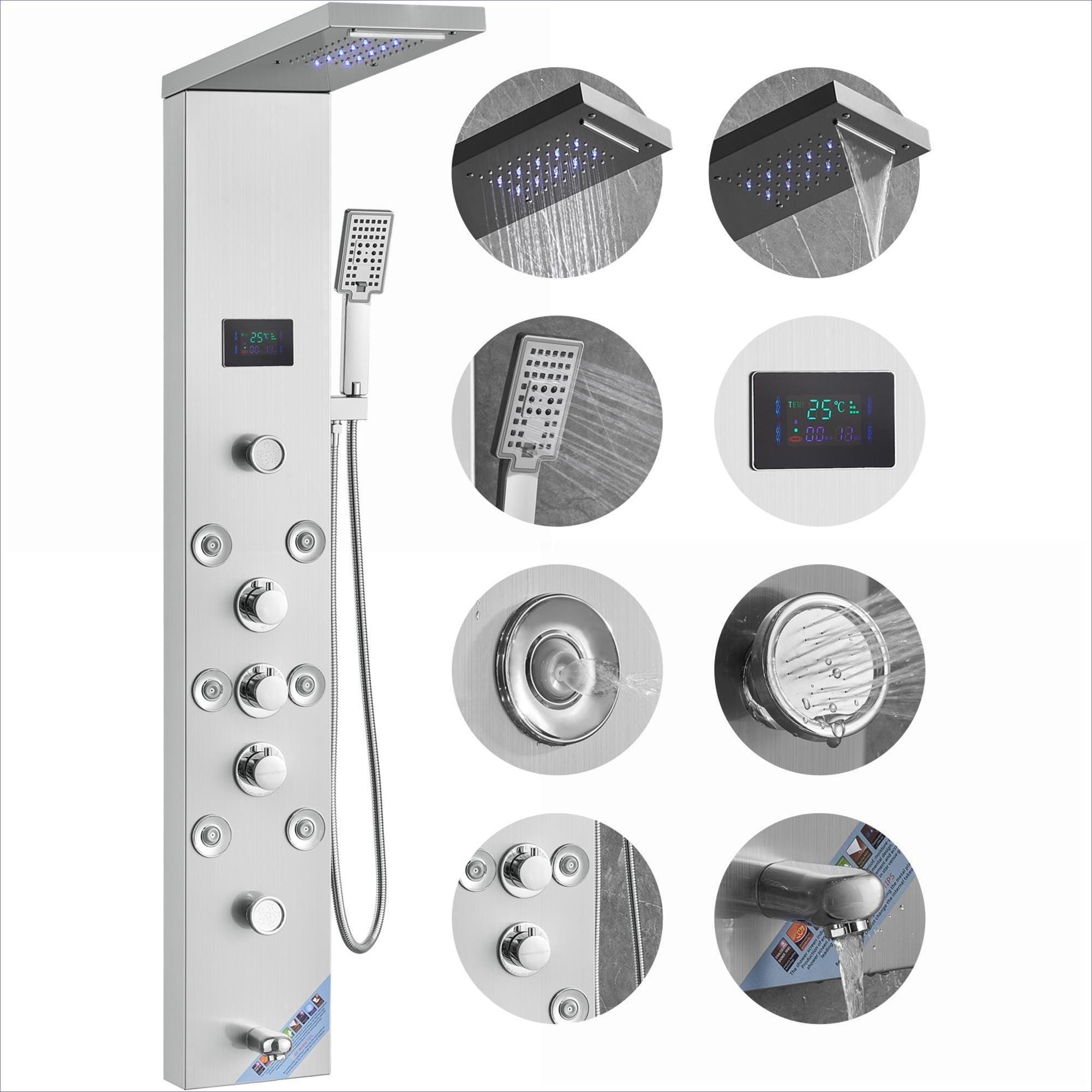 Watnature 6-Mode Hydroelectric LED Shower Panel System Brushed Silver 304 Stainless Steel Wall-Mounted Shower Tower with Rainfall Massage Jets