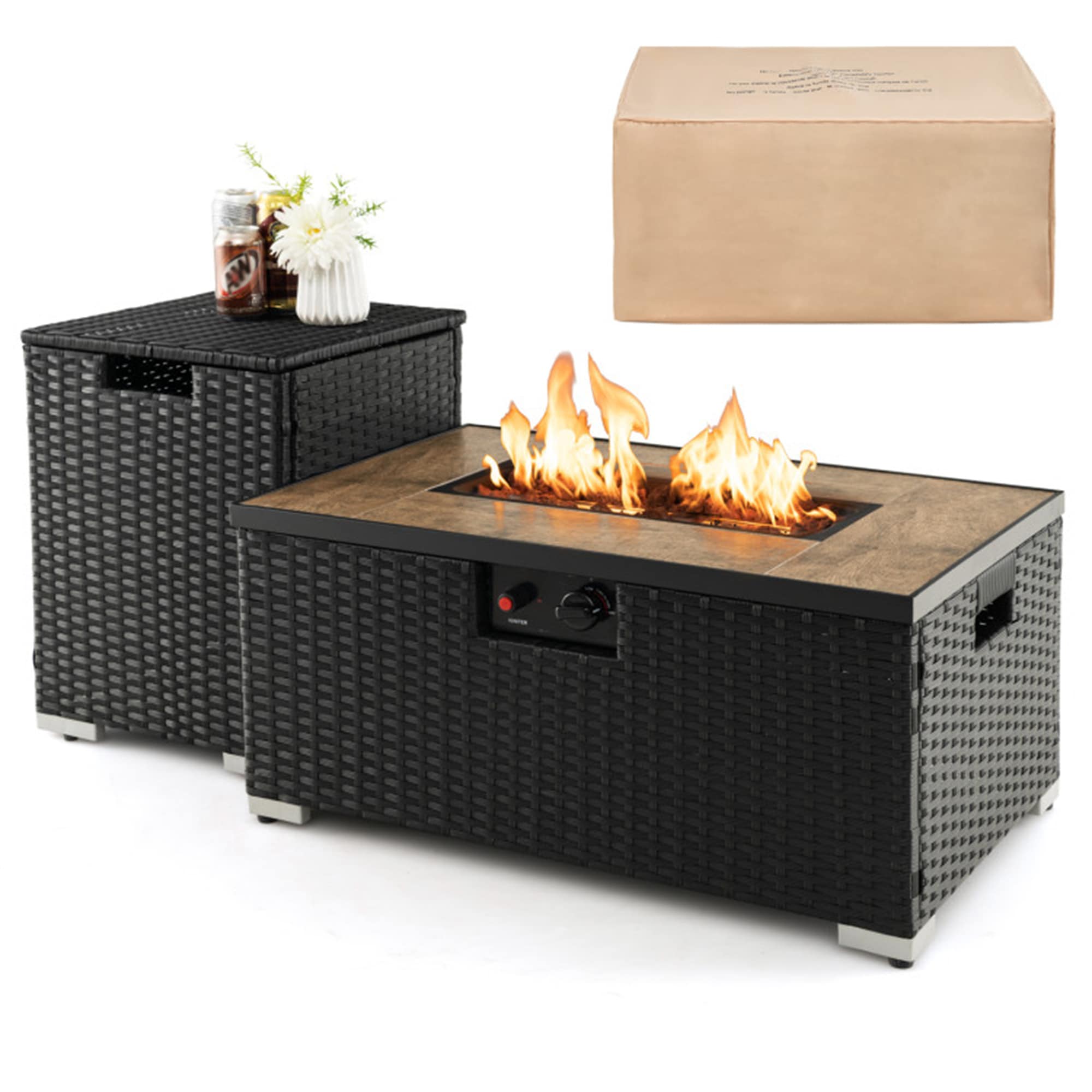 BABOOM BOM-0261BK-CO 20-in W Black Wicker Rectangle Liquid propane Fire pit table